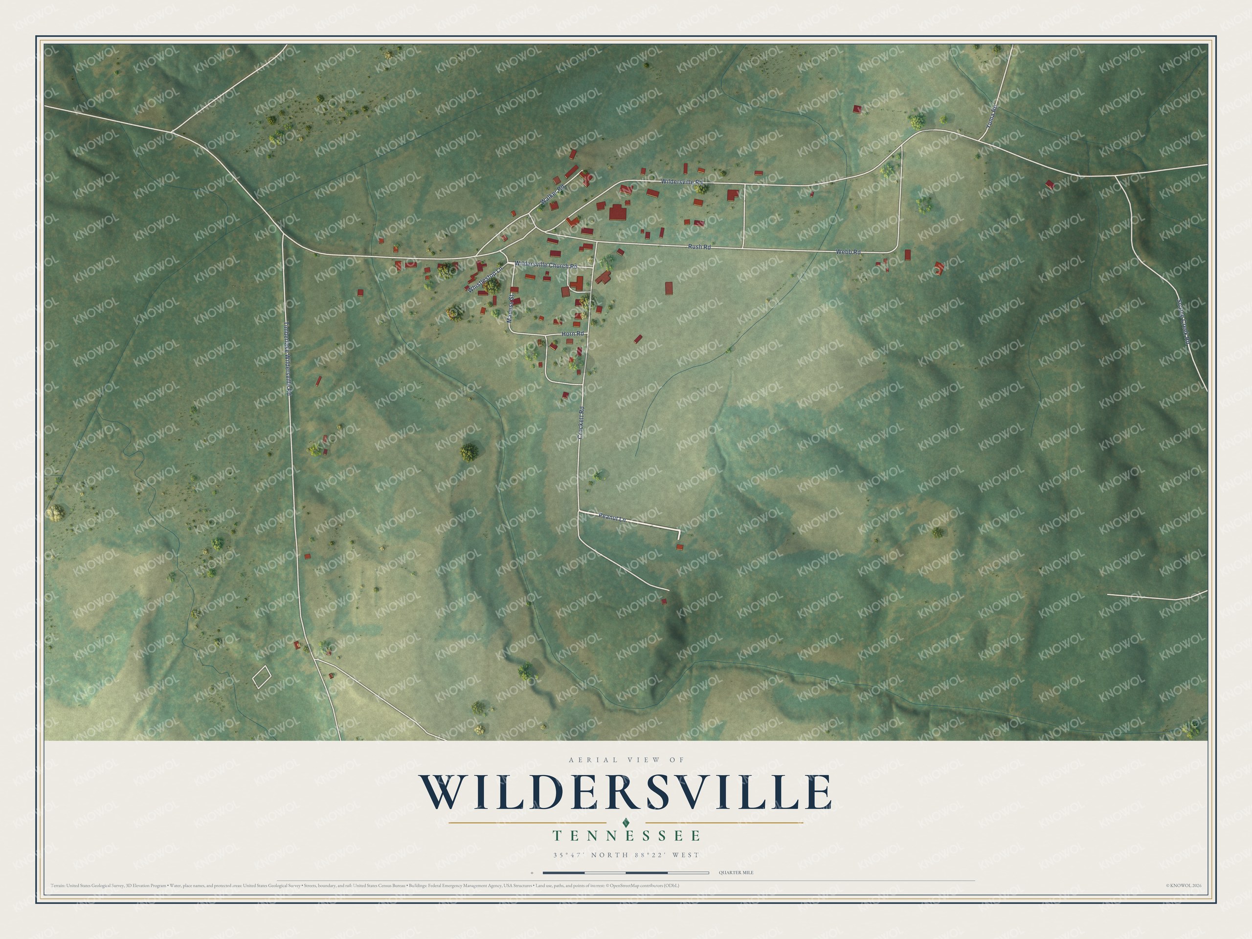 Full map of Wildersville, Tennessee, with red buildings, printed street names and the land around them