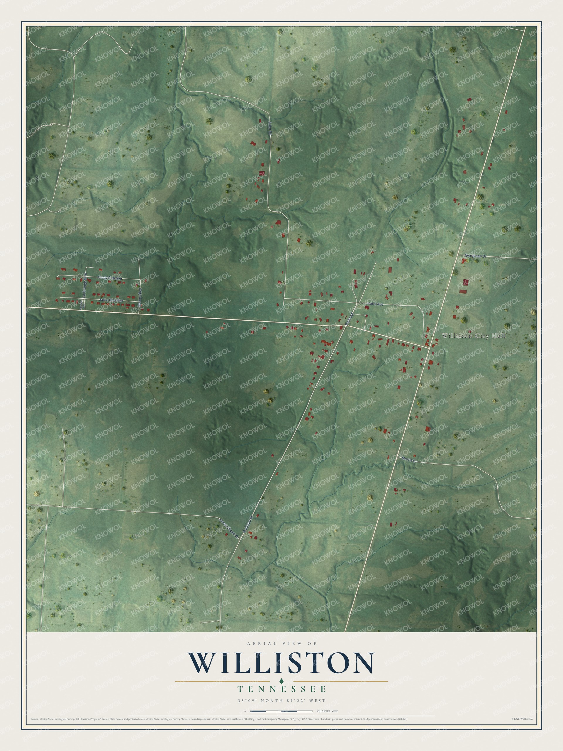 Full map of Williston, Tennessee, with red buildings, printed street names and the land around them