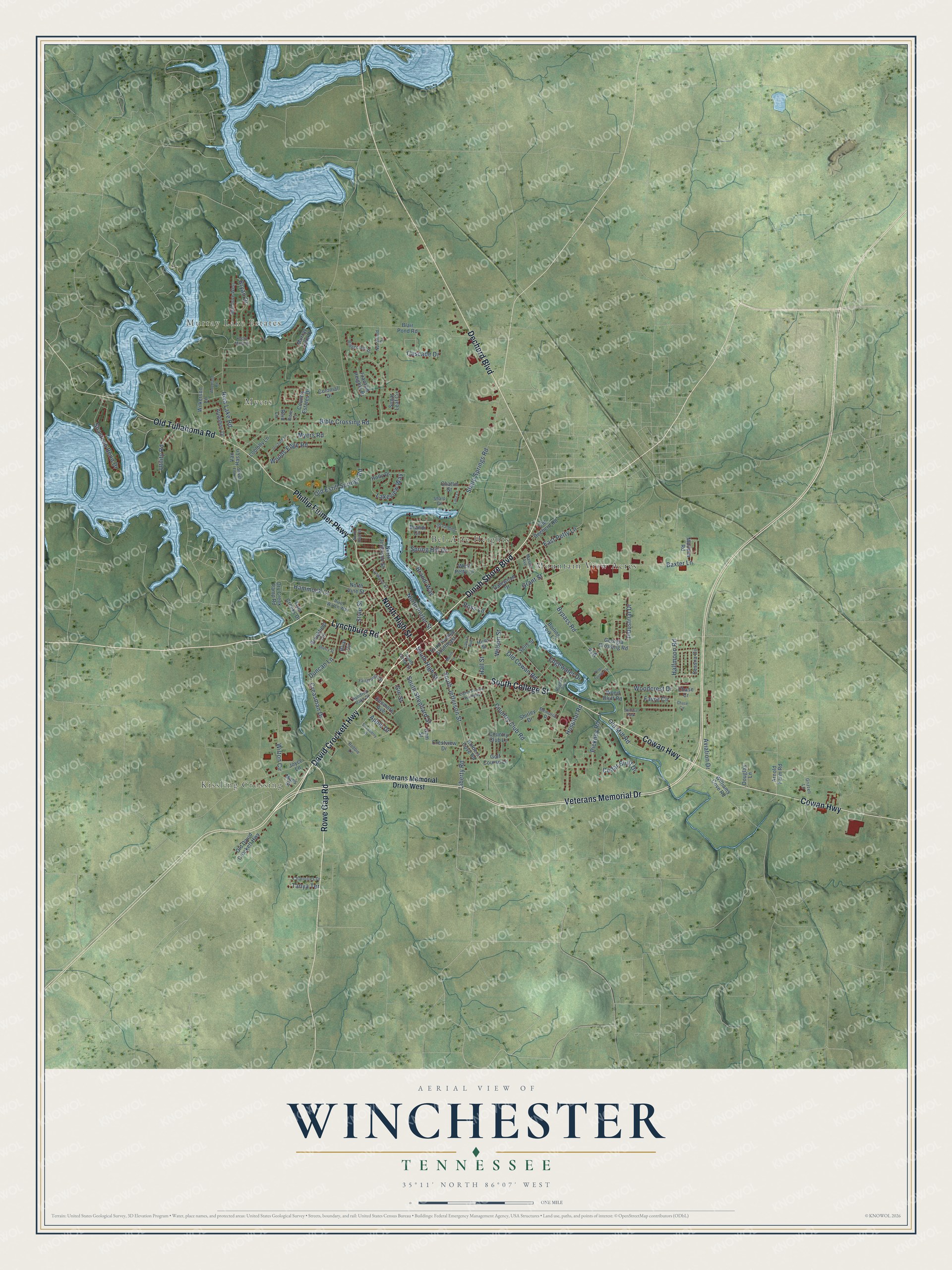 Full map of Winchester, Tennessee, with red buildings, printed street names and the land around them