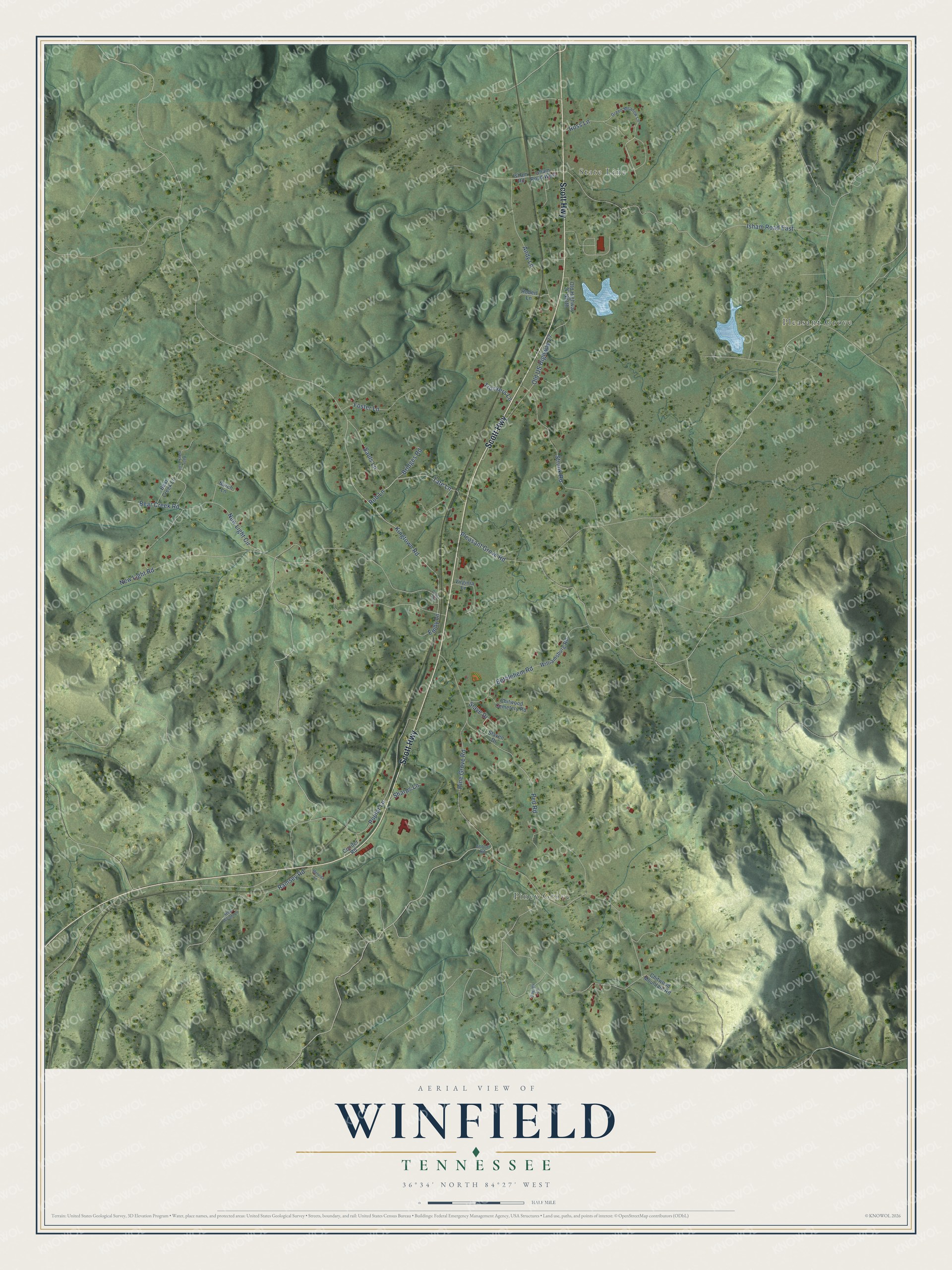 Full map of Winfield, Tennessee, with red buildings, printed street names and the land around them