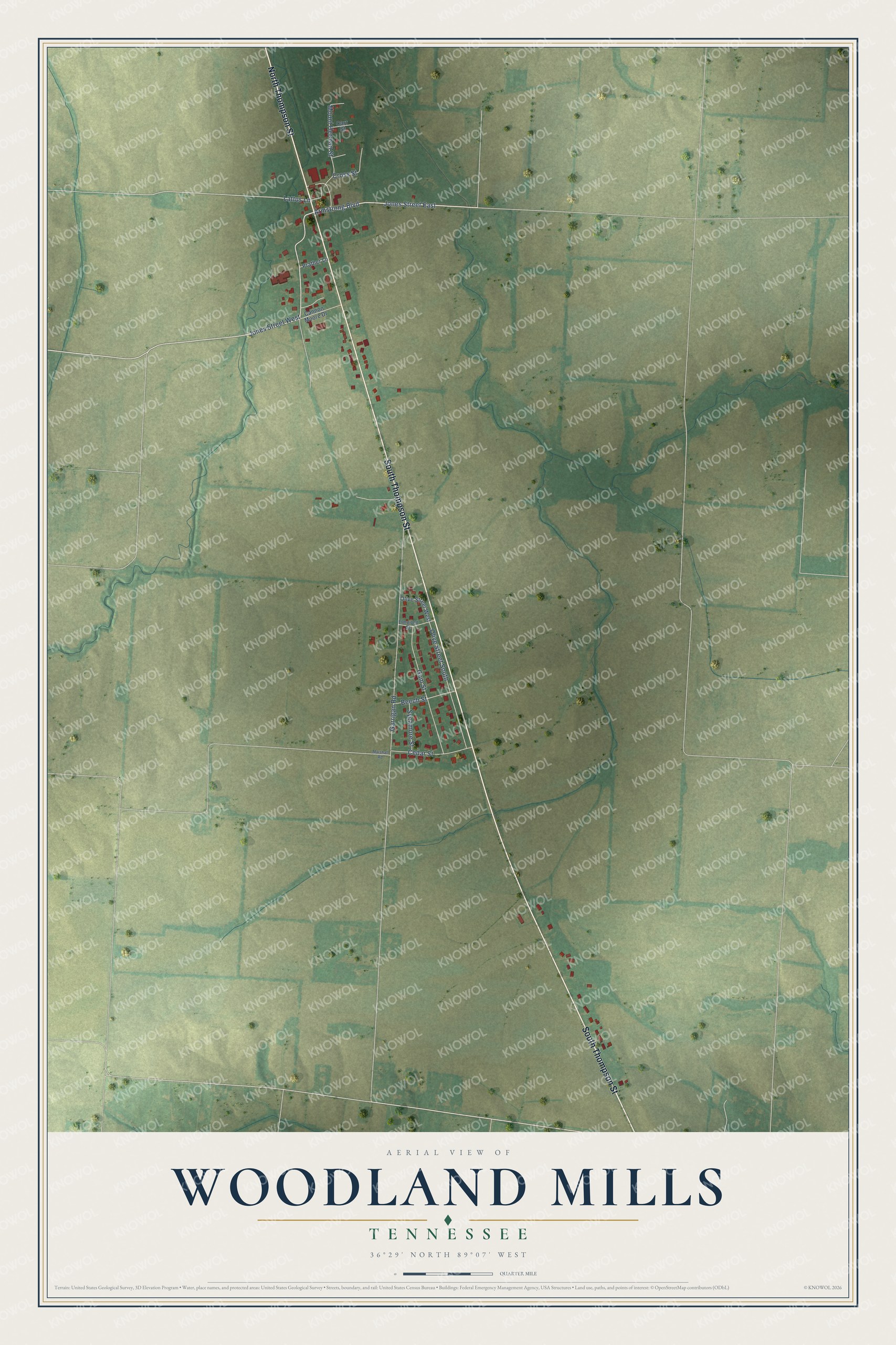 Full map of Woodland Mills, Tennessee, with red buildings, printed street names and the land around them