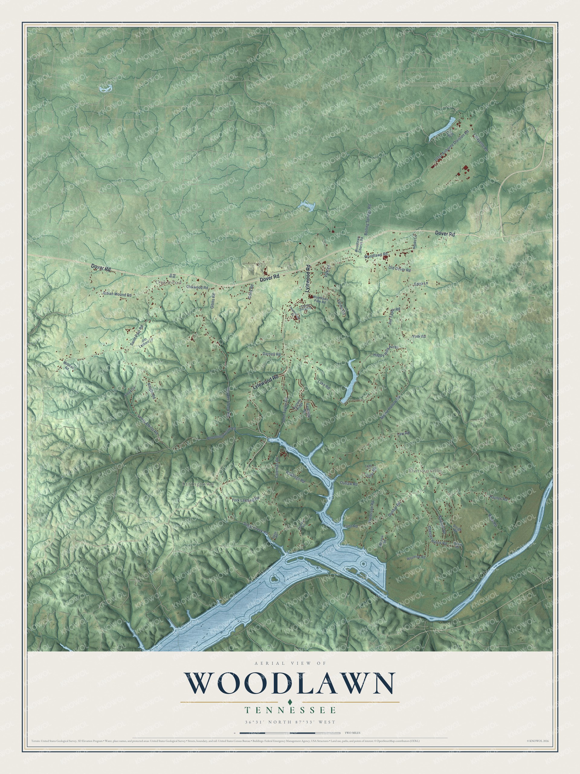 Full map of Woodlawn, Tennessee, with red buildings, printed street names and the land around them