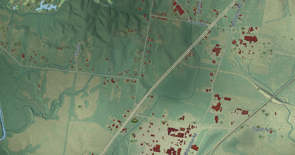 Close-up of streets and buildings in Woodstock, Tennessee