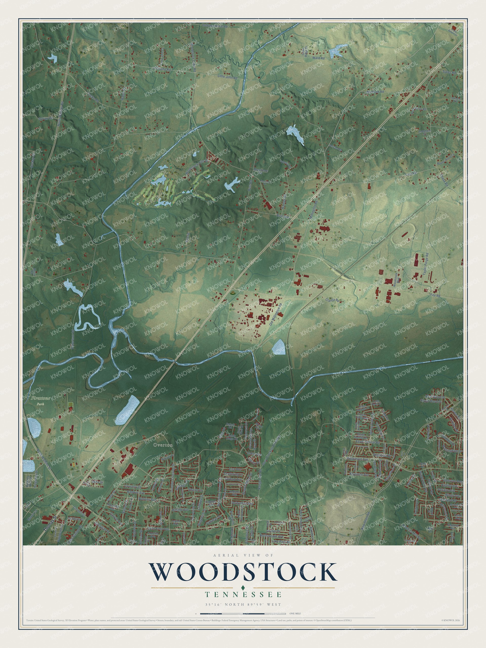 Full map of Woodstock, Tennessee, with red buildings, printed street names and the land around them