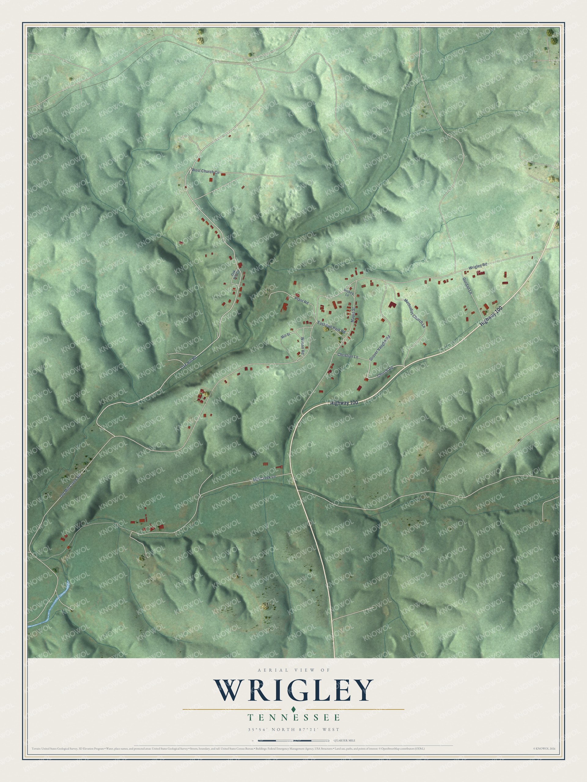 Full map of Wrigley, Tennessee, with red buildings, printed street names and the land around them