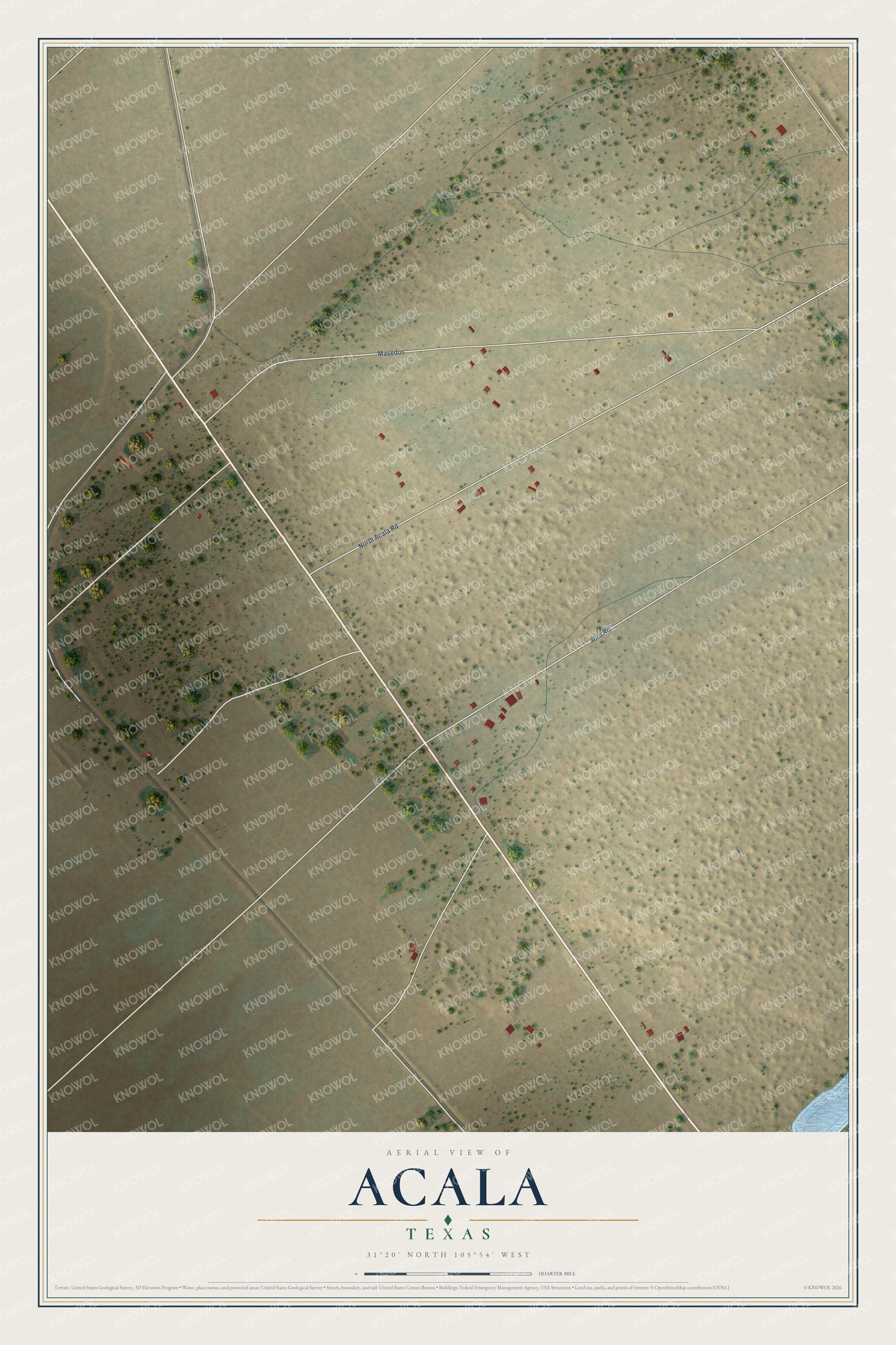 Full map of Acala, Texas, with red buildings, printed street names and the land around them