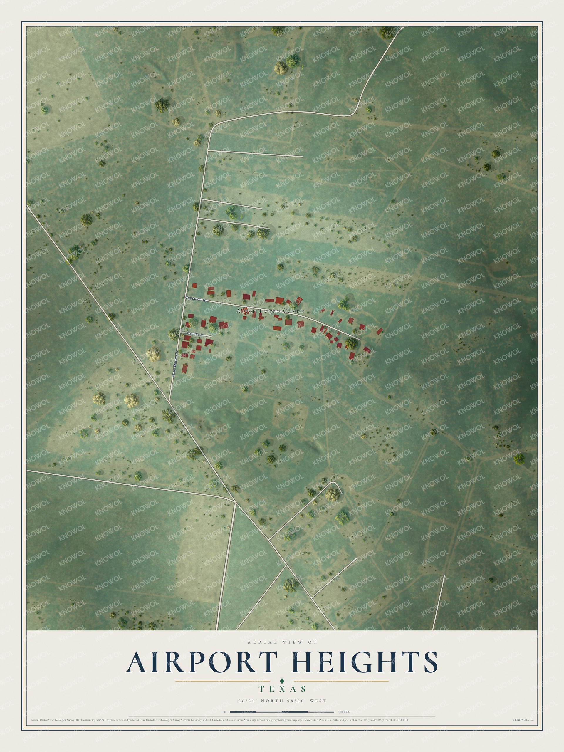 Full map of Airport Heights, Texas, with red buildings, printed street names and the land around them