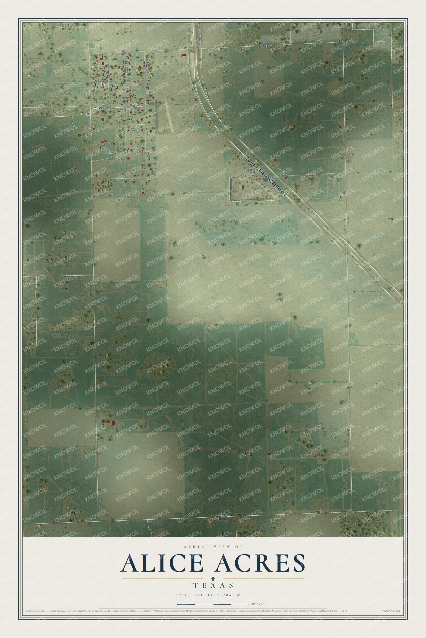 Full map of Alice Acres, Texas, with red buildings, printed street names and the land around them