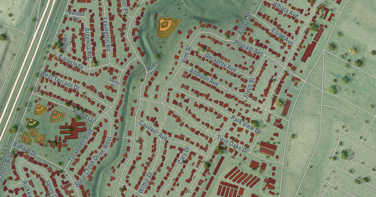 Close-up of streets and buildings in Allandale, Texas