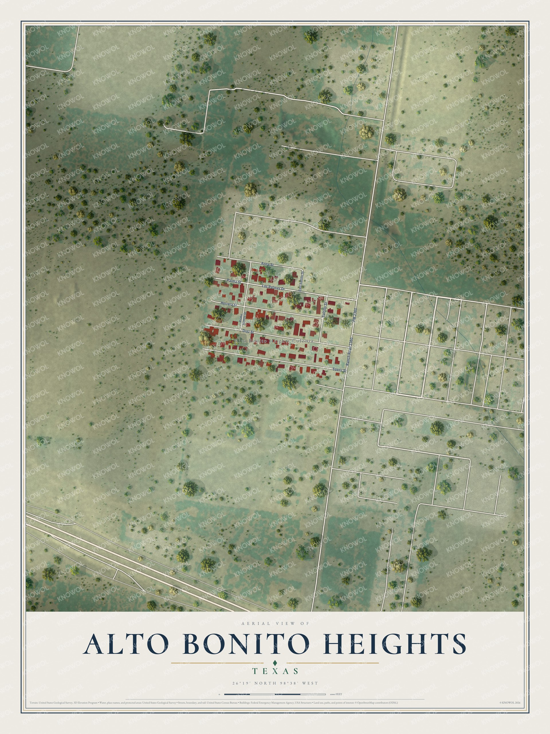 Full map of Alto Bonito Heights, Texas, with red buildings, printed street names and the land around them