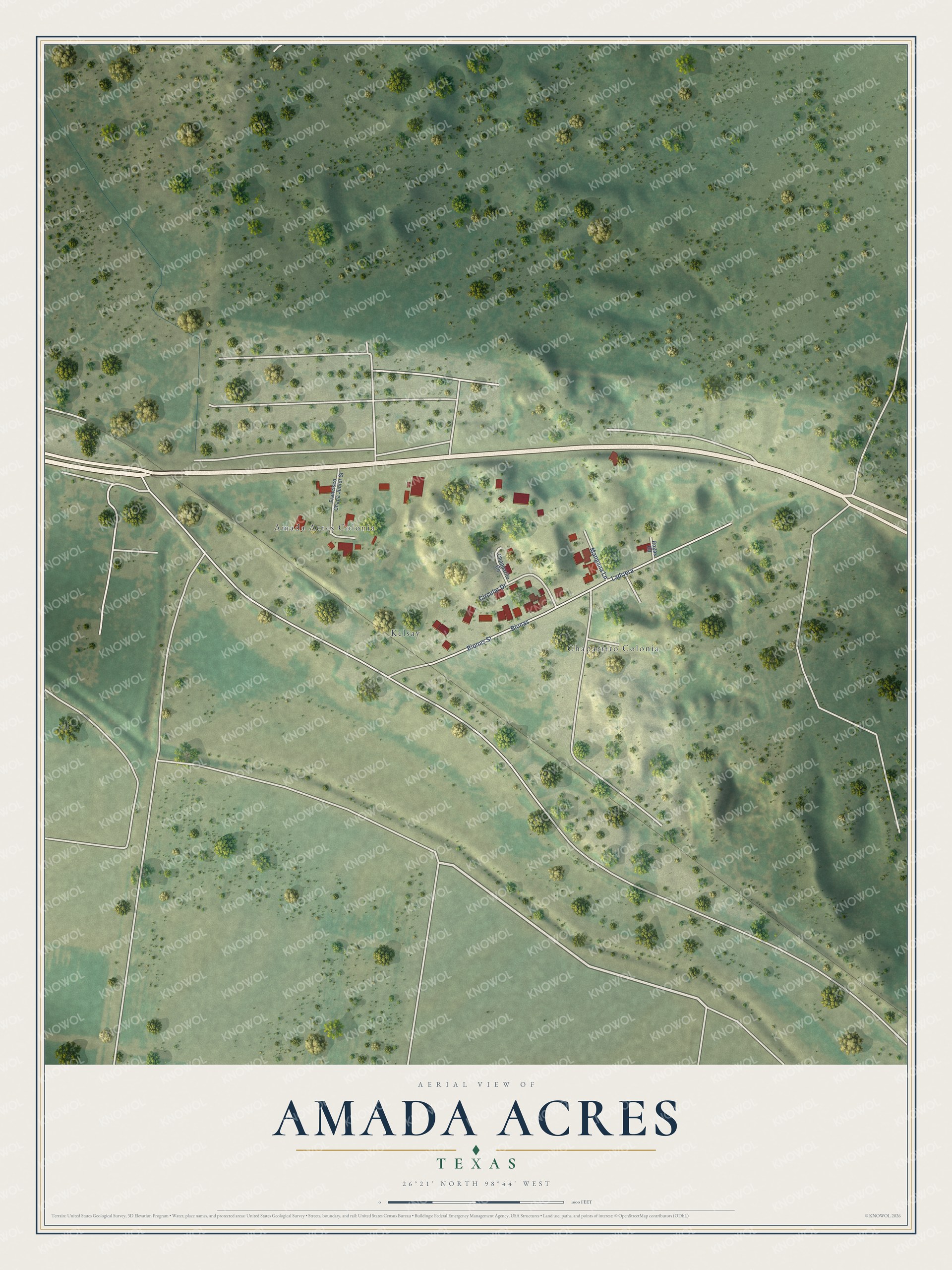 Full map of Amada Acres, Texas, with red buildings, printed street names and the land around them