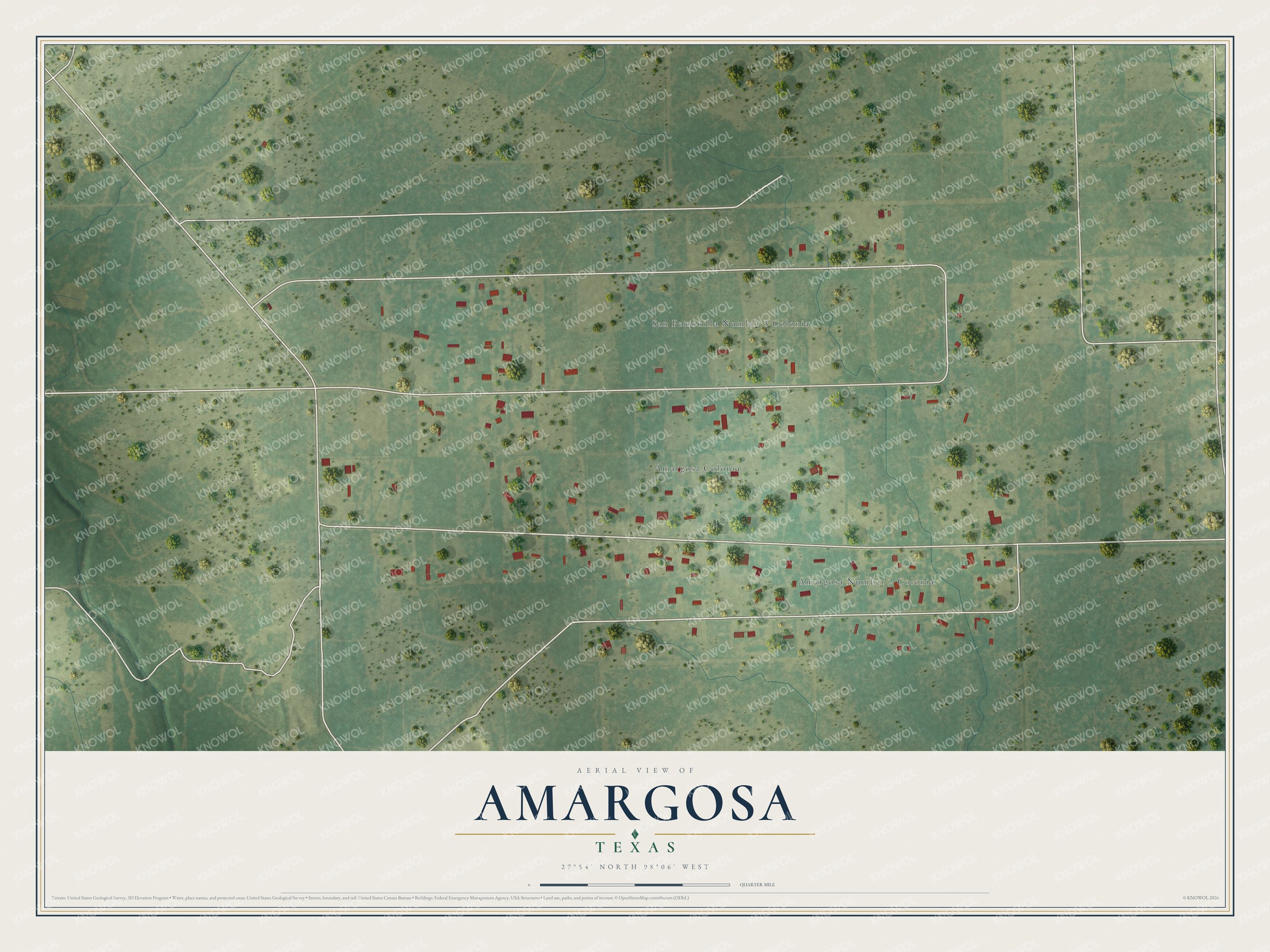 Full map of Amargosa, Texas, with red buildings, printed street names and the land around them
