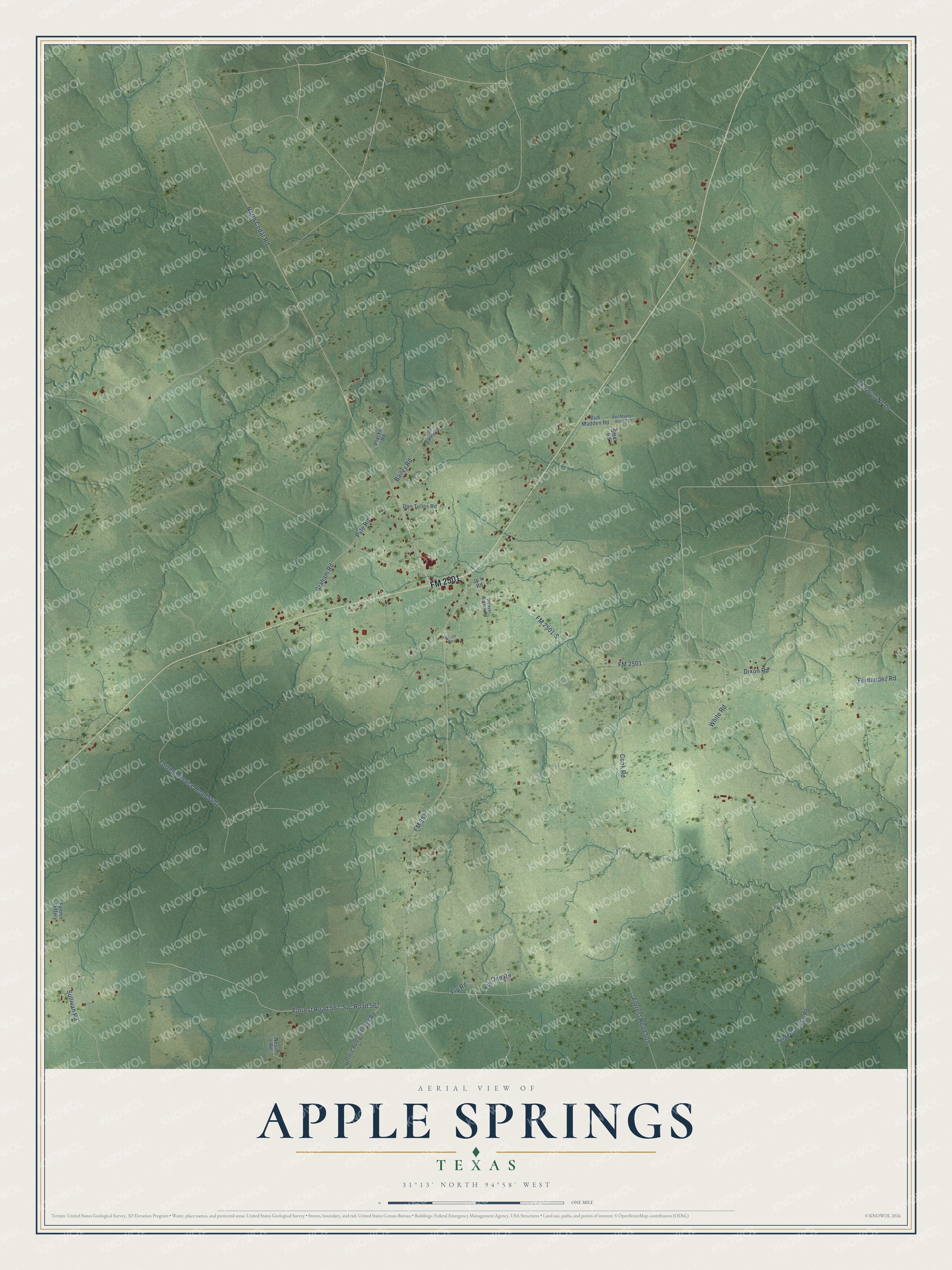 Full map of Apple Springs, Texas, with red buildings, printed street names and the land around them