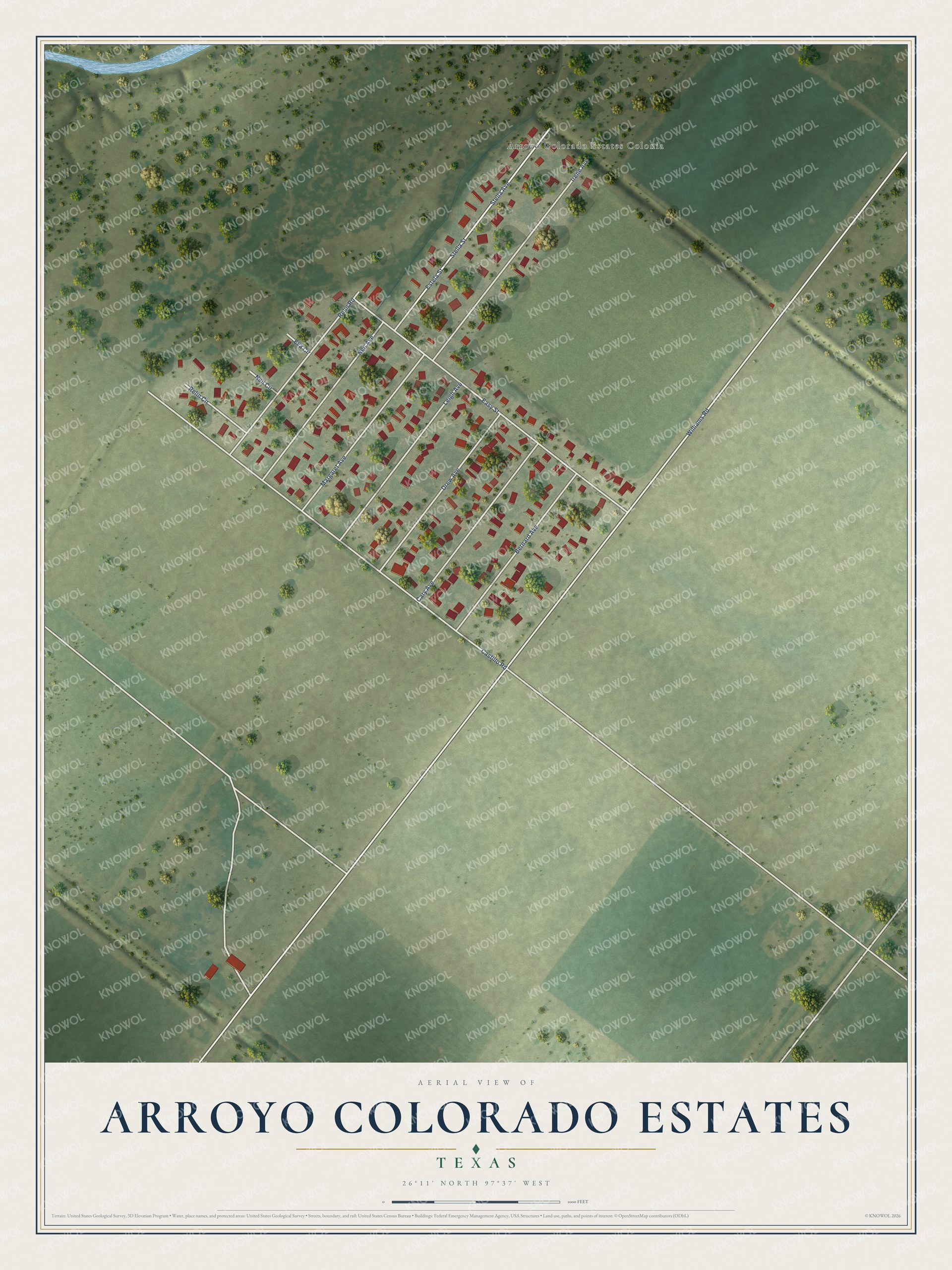 Full map of Arroyo Colorado Estates, Texas, with red buildings, printed street names and the land around them