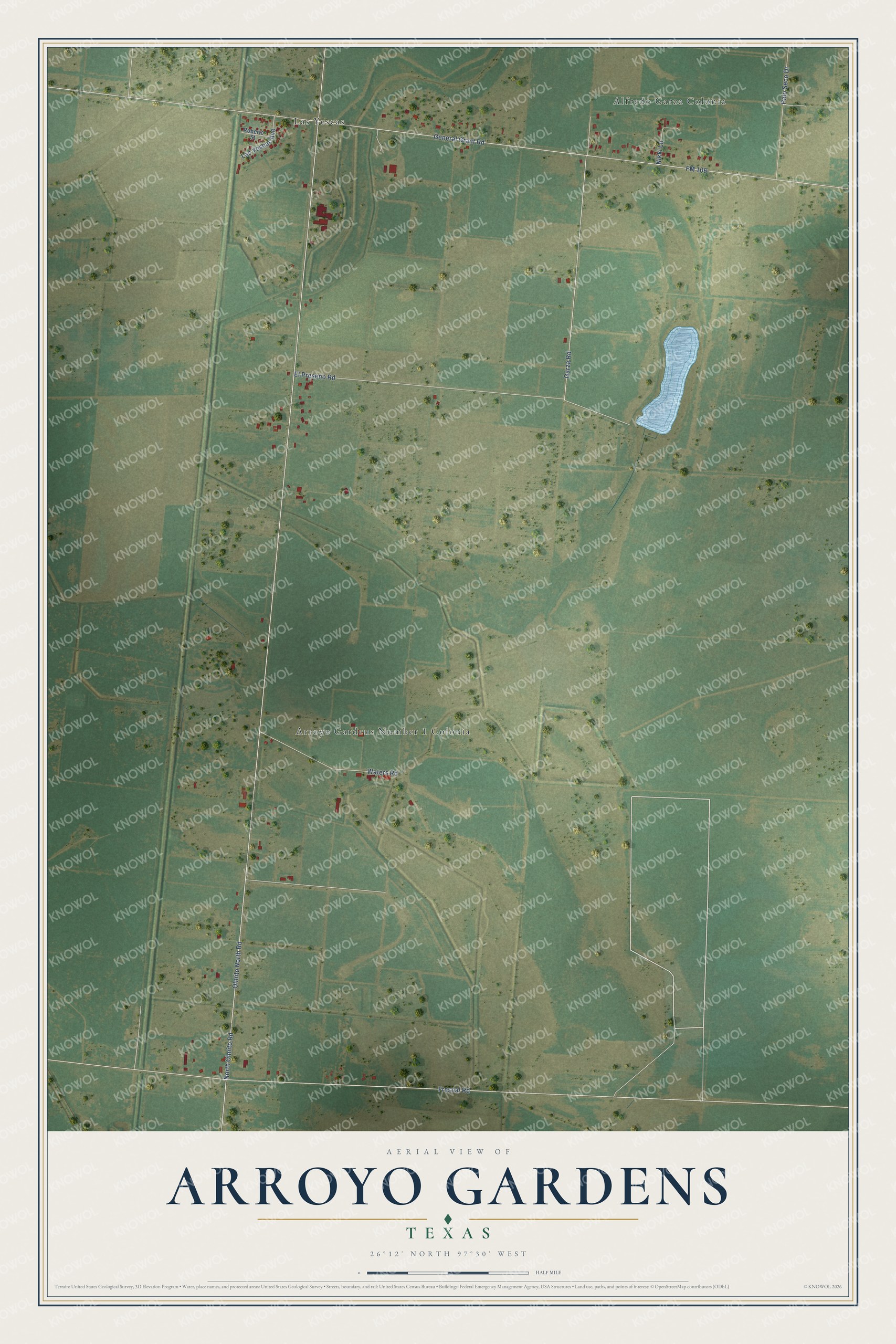 Full map of Arroyo Gardens, Texas, with red buildings, printed street names and the land around them