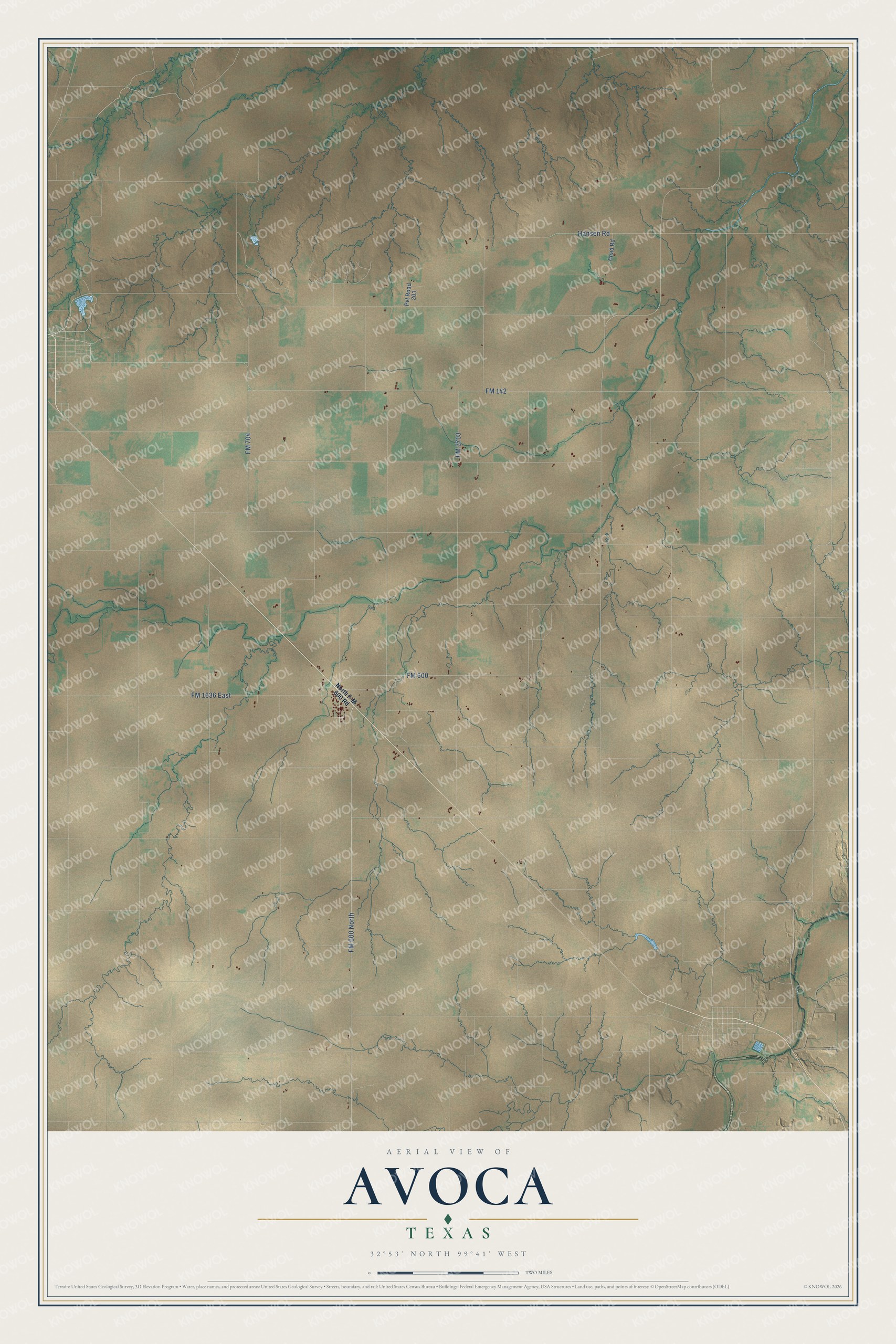 Watermarked full-map preview of Avoca, Texas