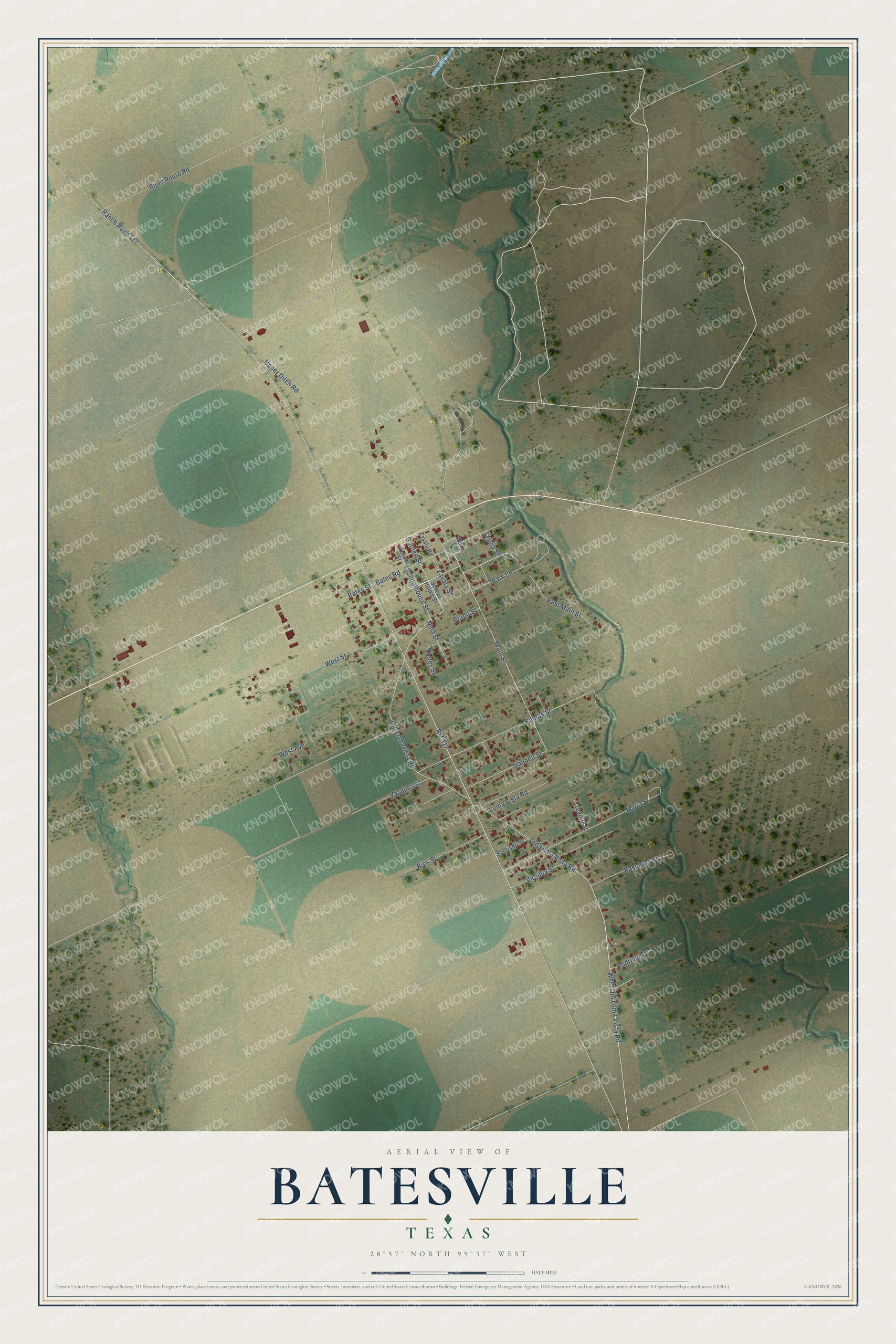 Full map of Batesville, Texas, with red buildings, printed street names and the land around them