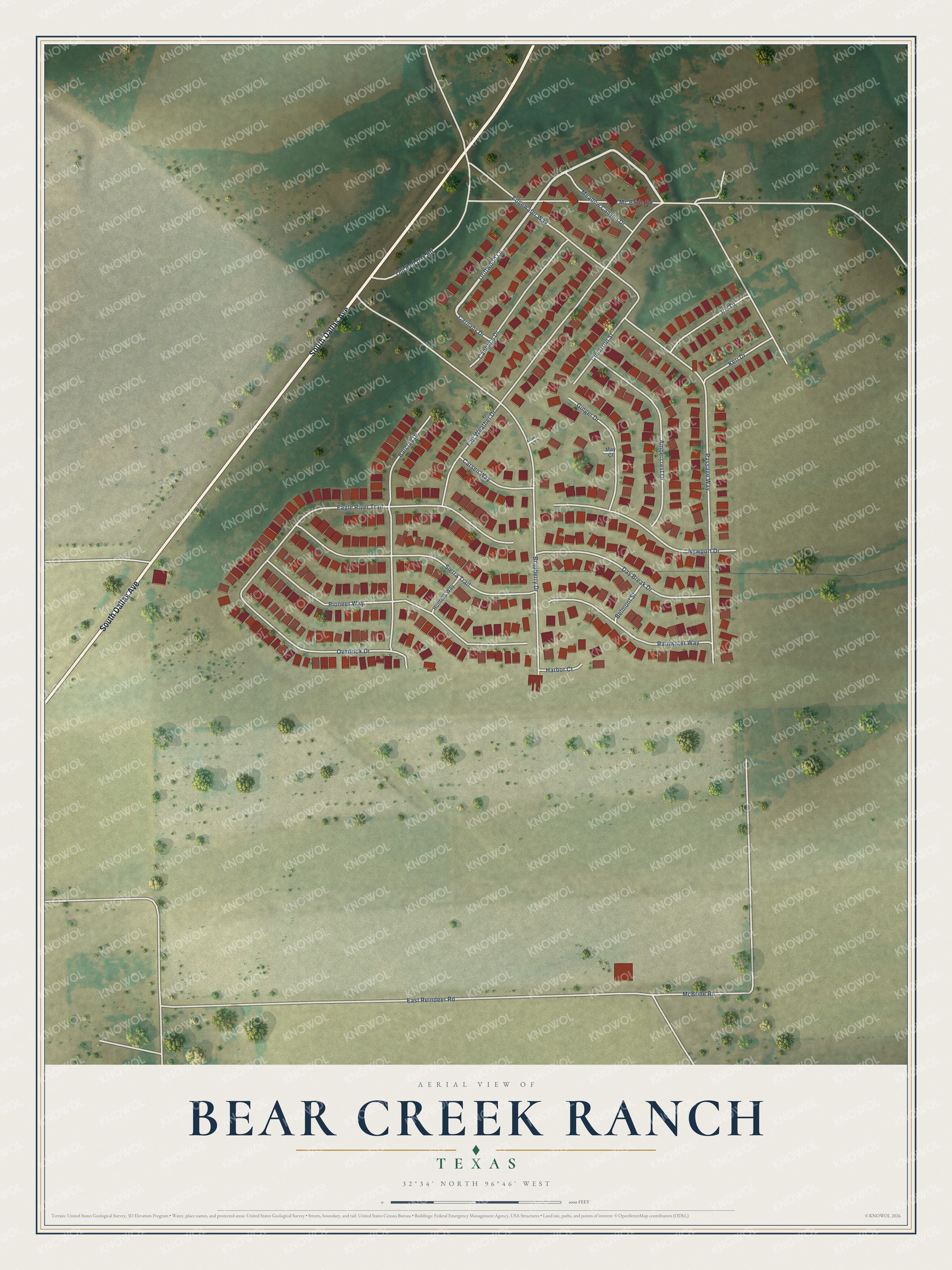Full map of Bear Creek Ranch, Texas, with red buildings, printed street names and the land around them