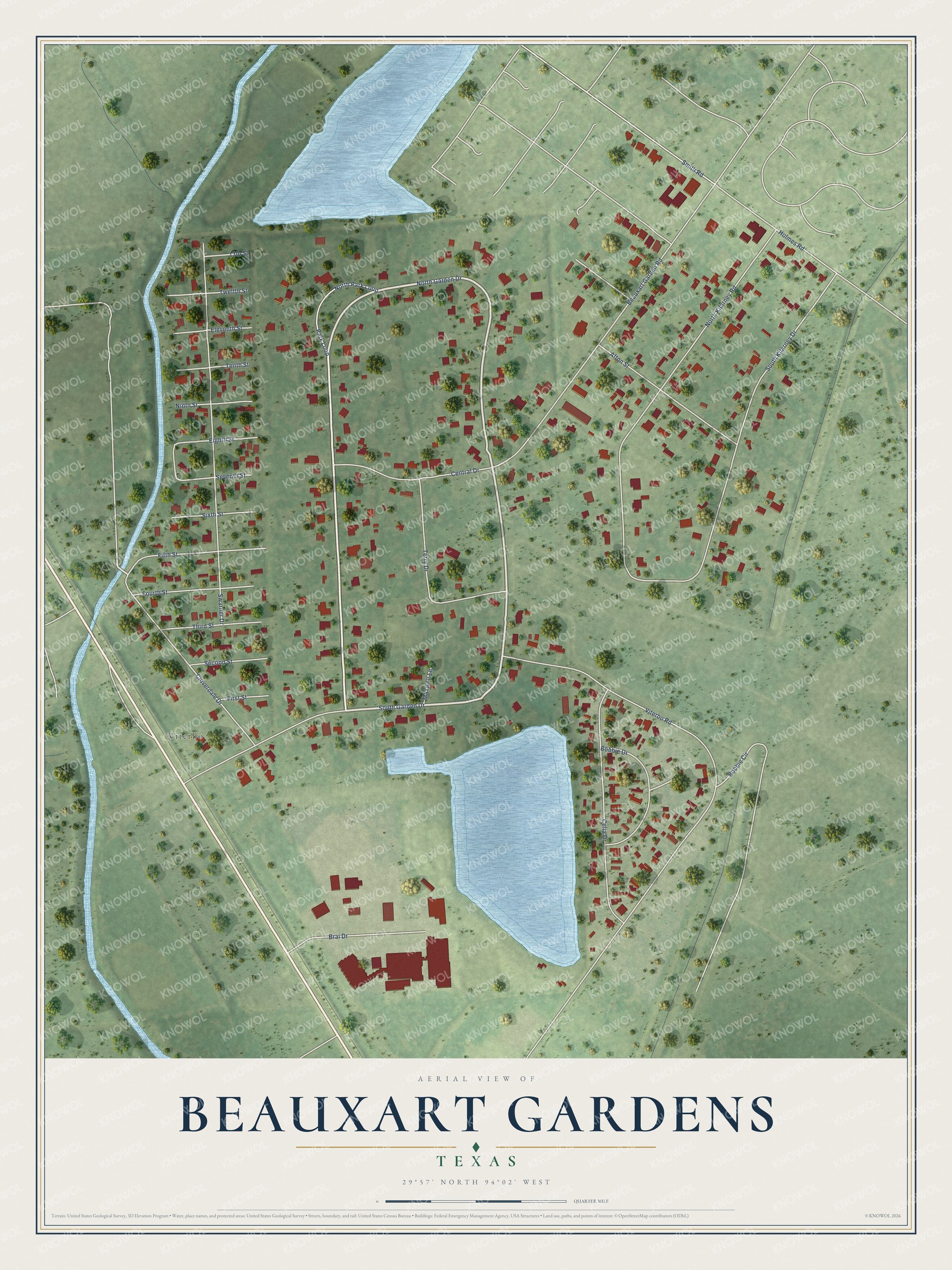 Full map of Beauxart Gardens, Texas, with red buildings, printed street names and the land around them
