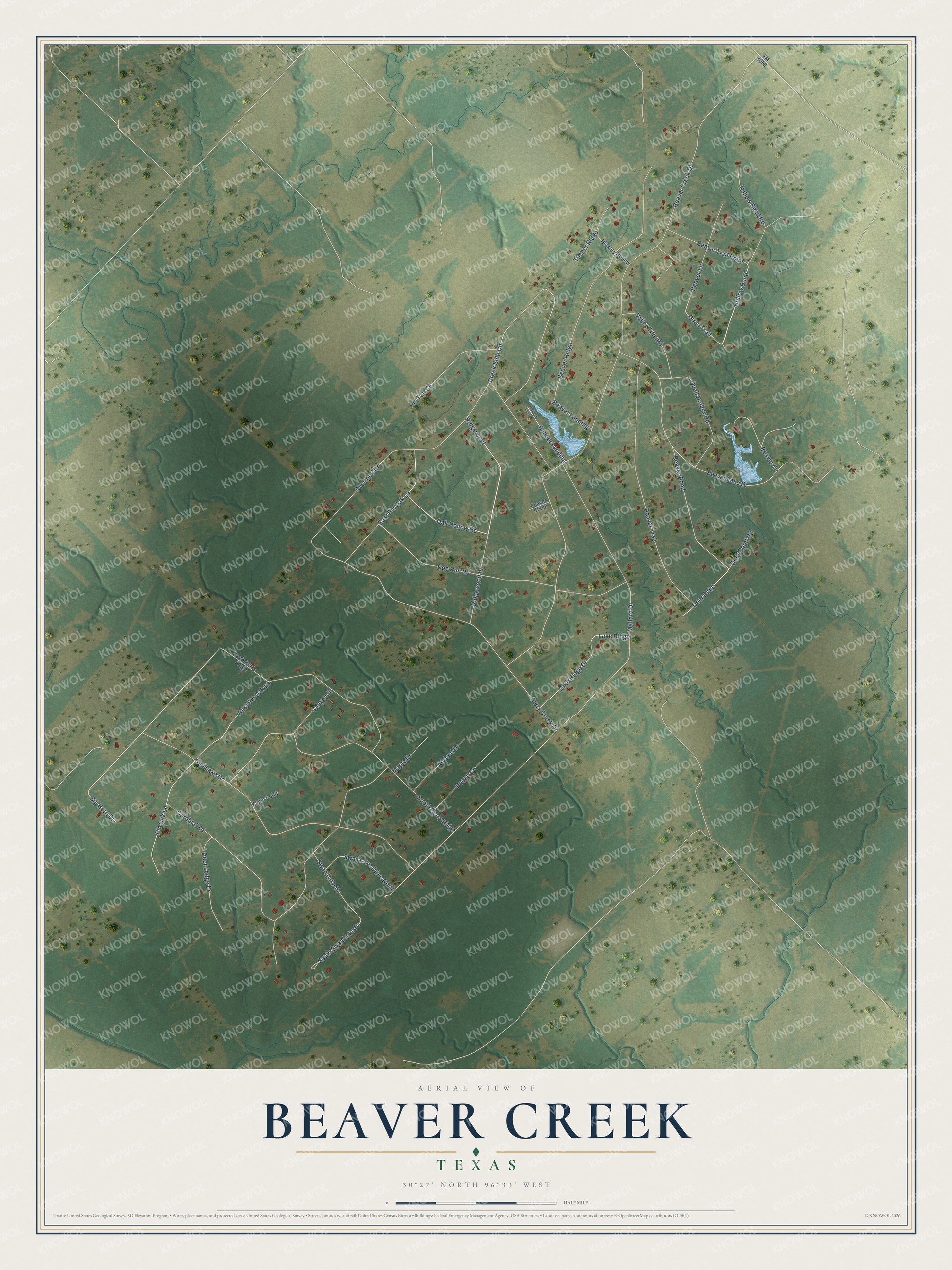 Full map of Beaver Creek, Texas, with red buildings, printed street names and the land around them