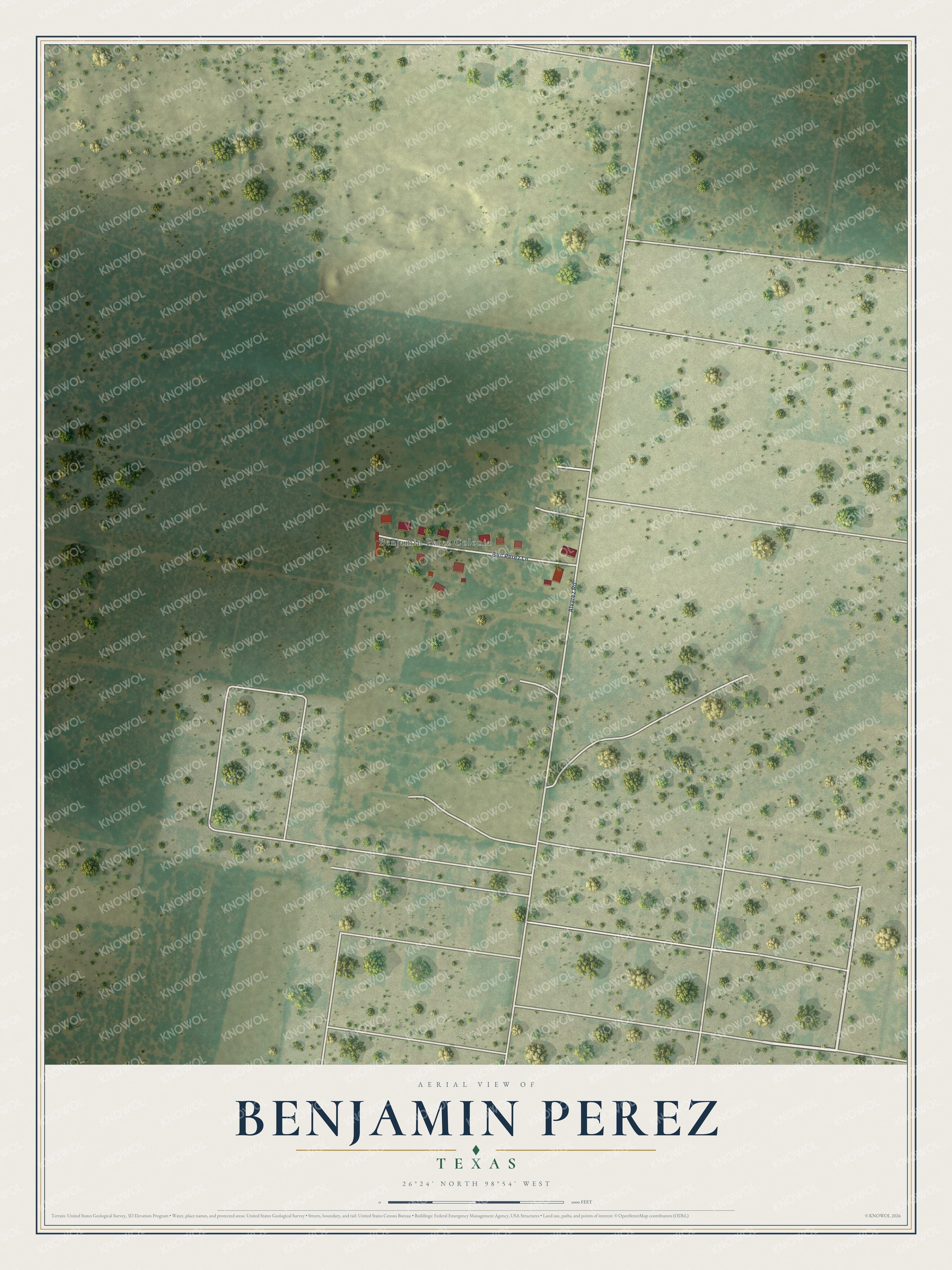Full map of Benjamin Perez, Texas, with red buildings, printed street names and the land around them