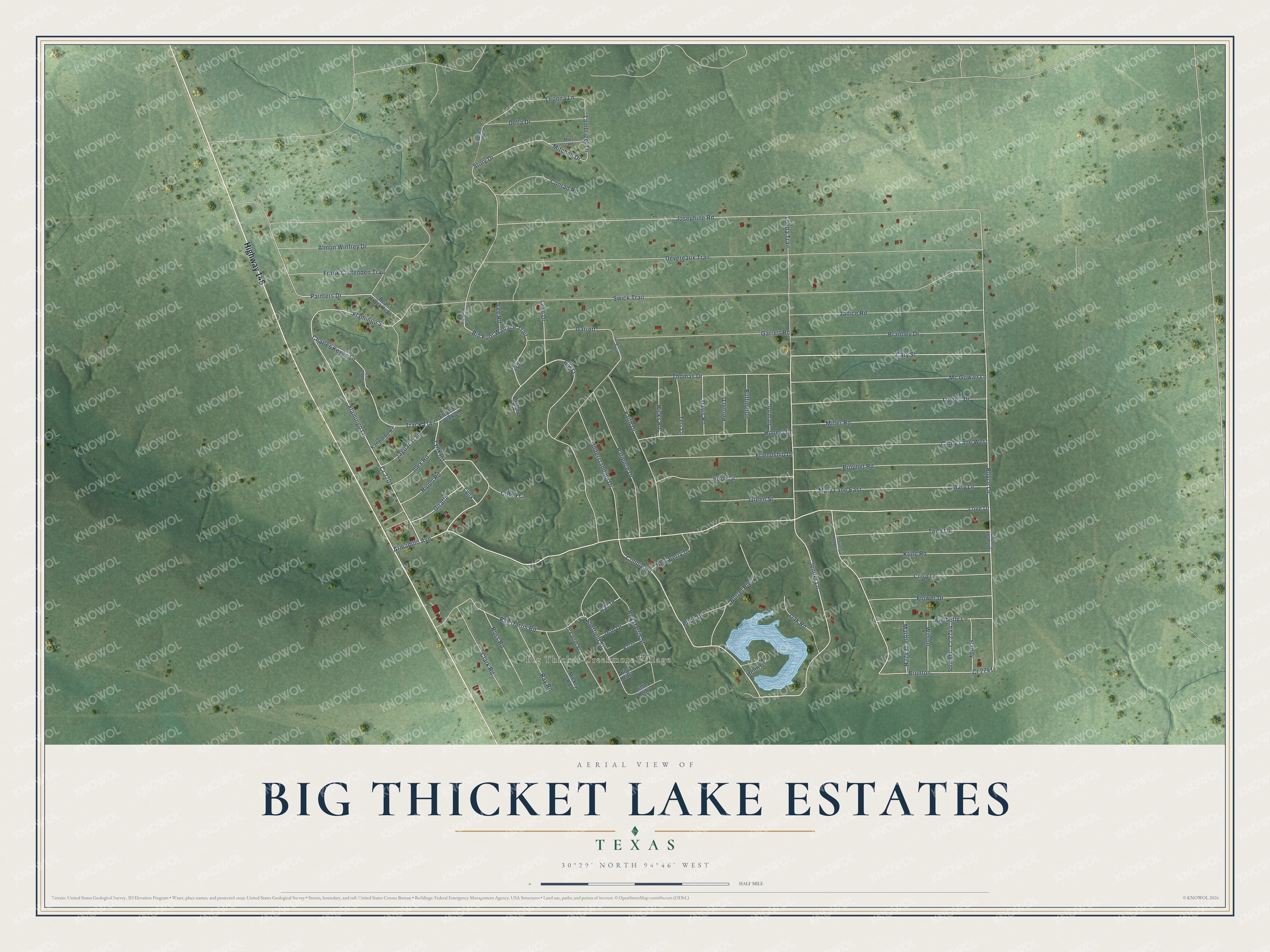 Full map of Big Thicket Lake Estates, Texas, with red buildings, printed street names and the land around them