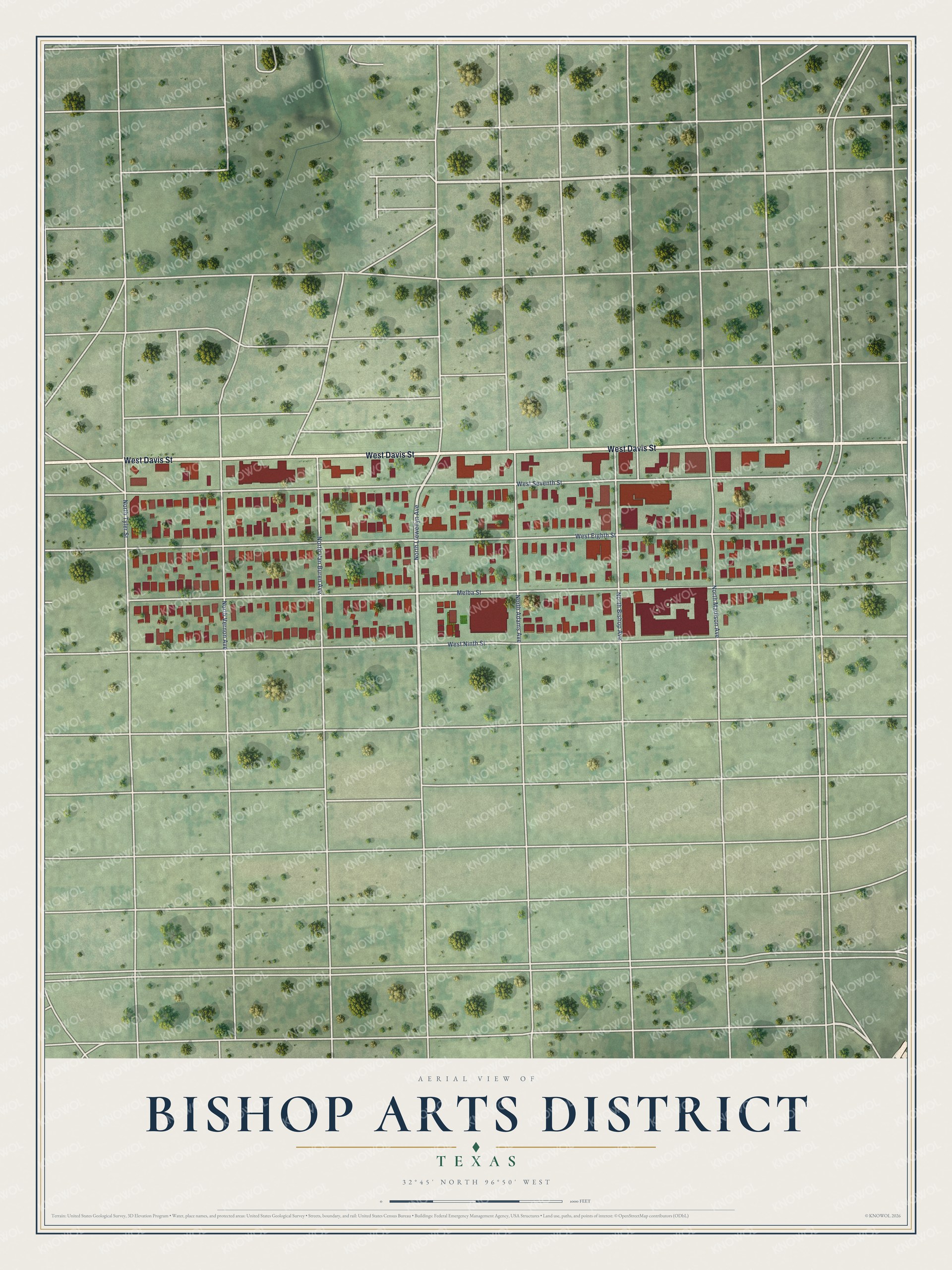 Full map of Bishop Arts District, Texas, with red buildings, printed street names and the land around them