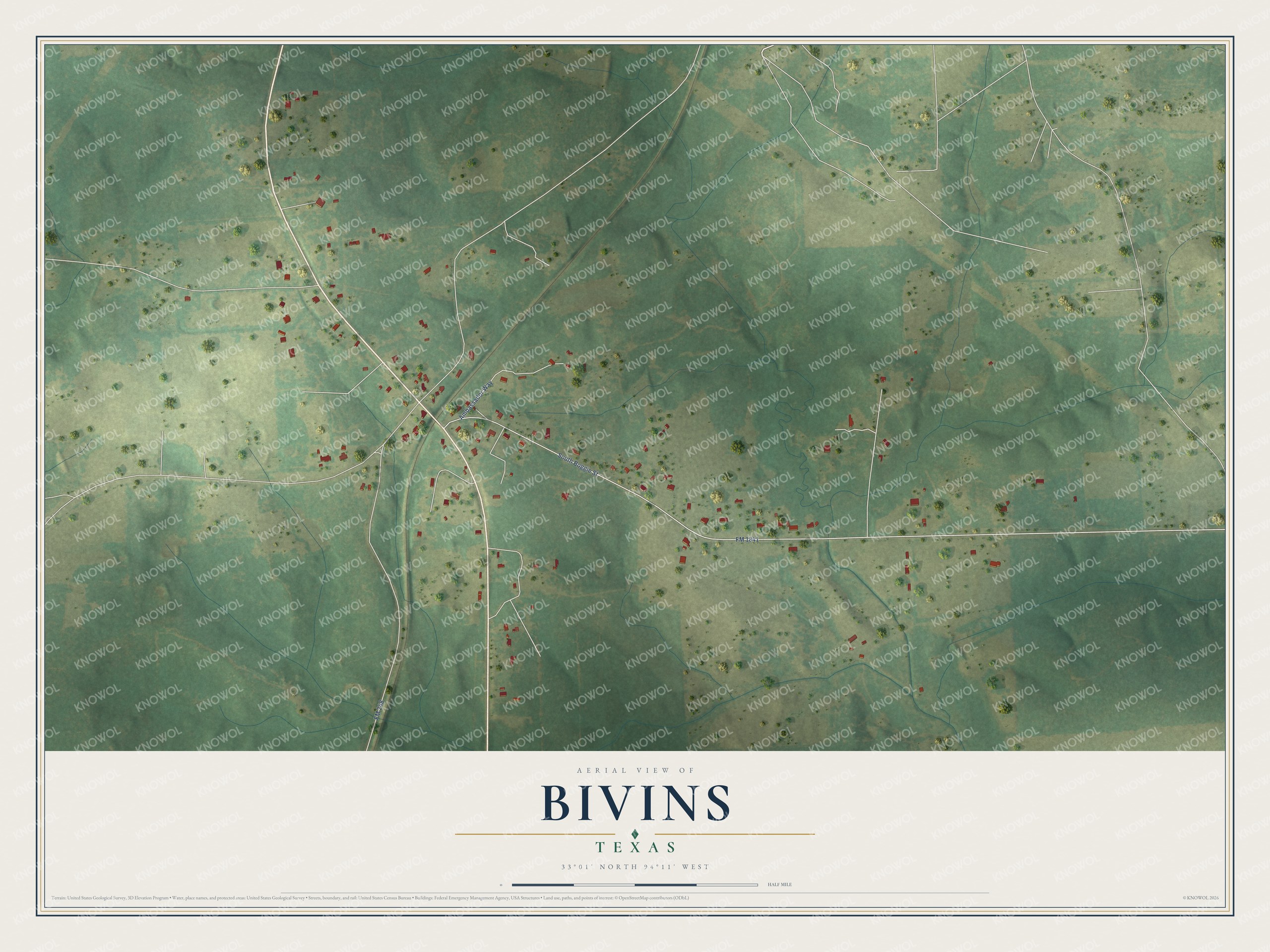 Full map of Bivins, Texas, with red buildings, printed street names and the land around them