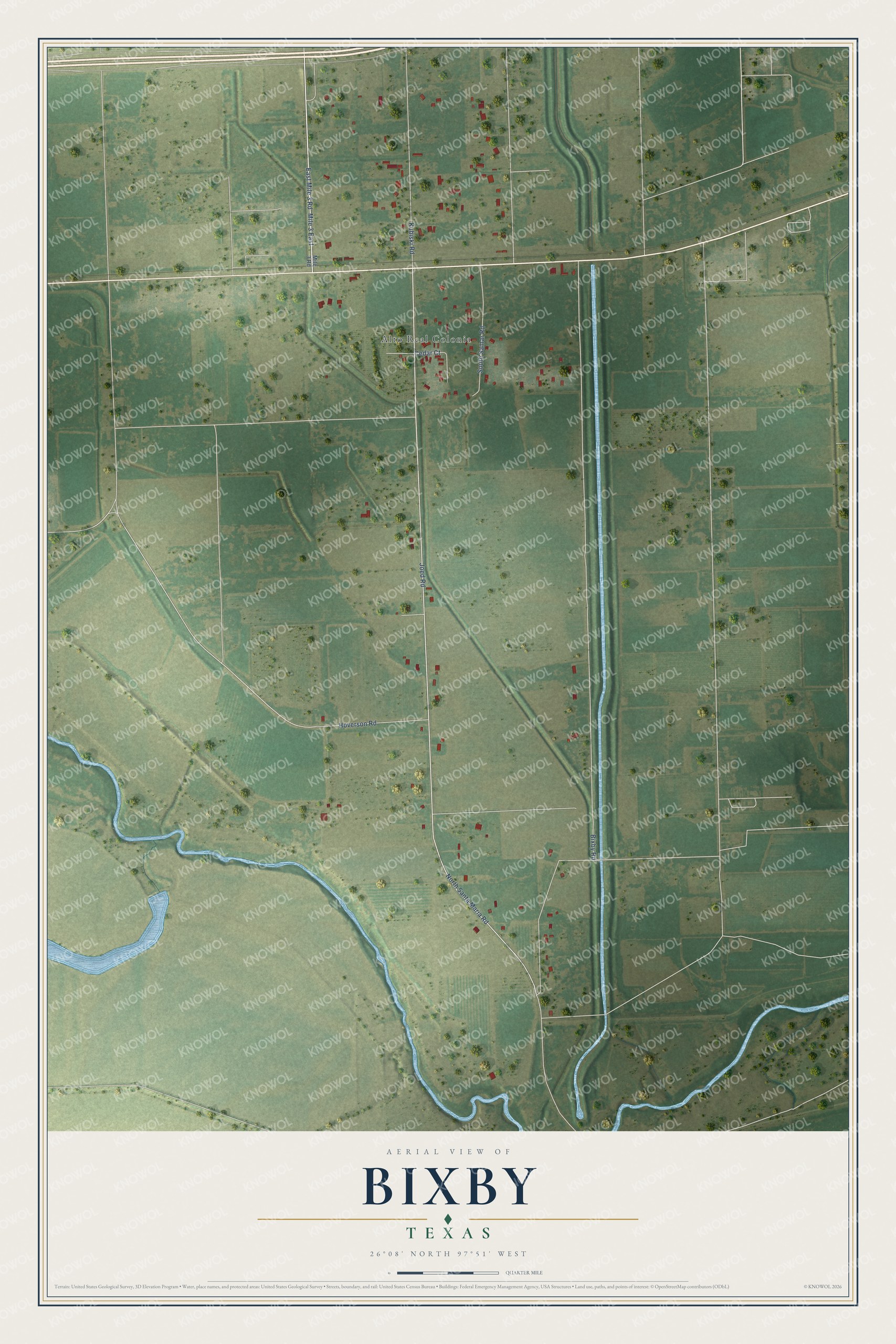 Full map of Bixby, Texas, with red buildings, printed street names and the land around them