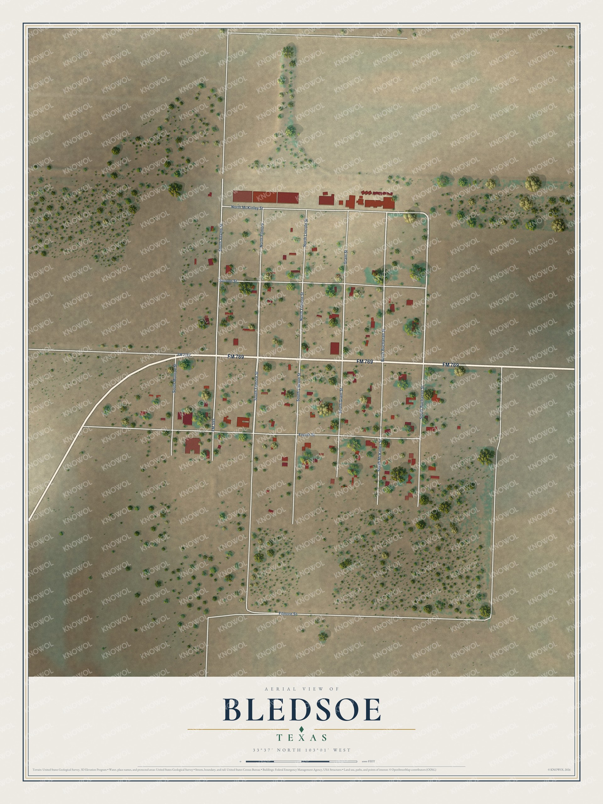 Full map of Bledsoe, Texas, with red buildings, printed street names and the land around them