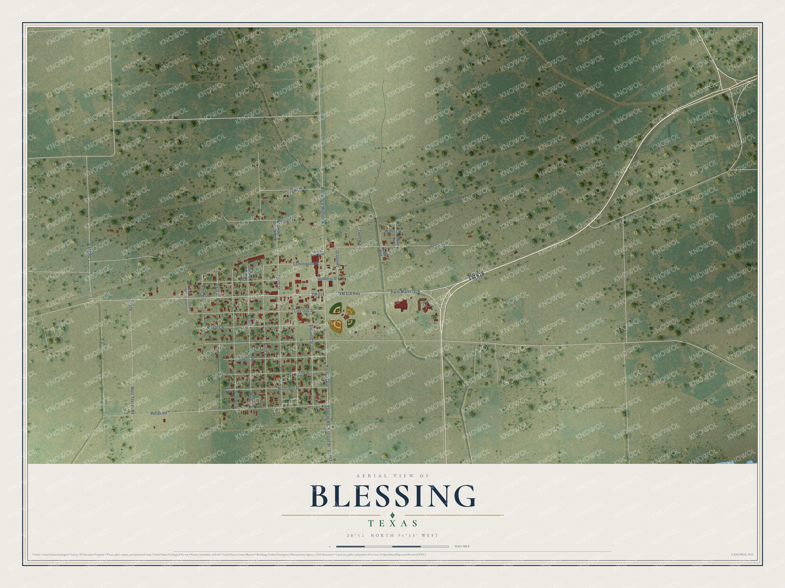 Full map of Blessing, Texas, with red buildings, printed street names and the land around them