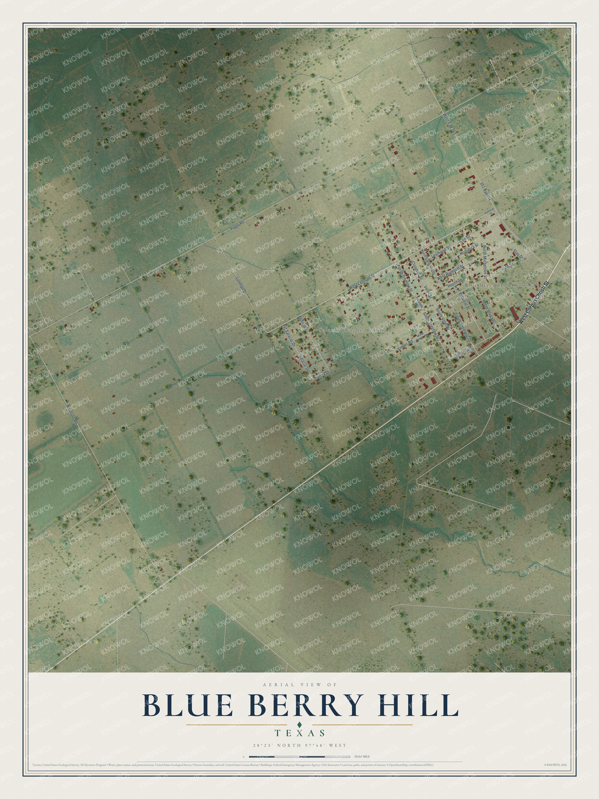 Full map of Blue Berry Hill, Texas, with red buildings, printed street names and the land around them