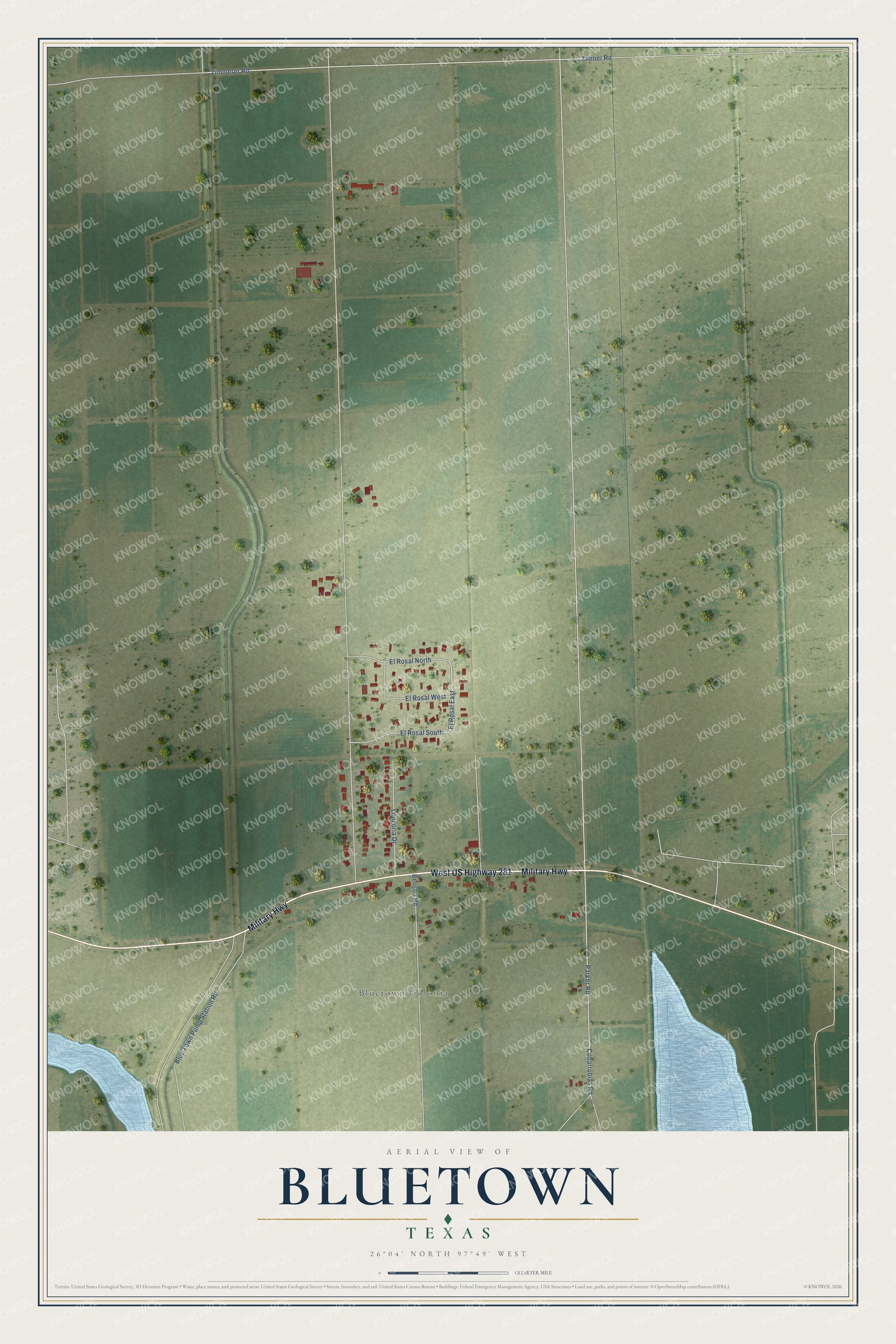 Full map of Bluetown, Texas, with red buildings, printed street names and the land around them