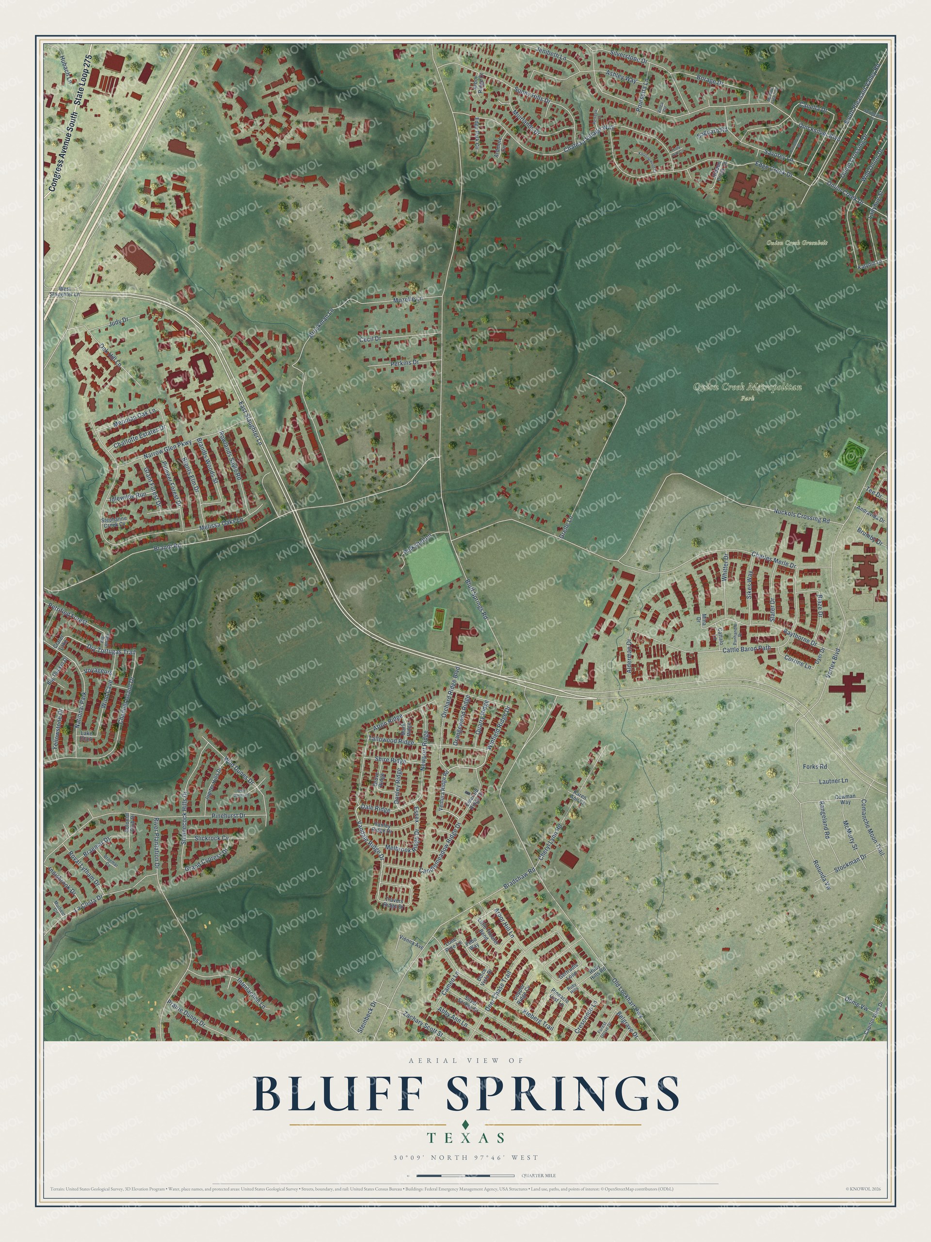 Full map of Bluff Springs, Texas, with red buildings, printed street names and the land around them