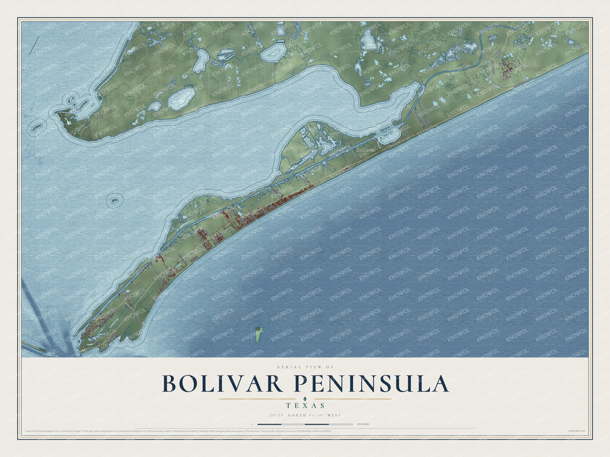 Full map of Bolivar Peninsula, Texas, with red buildings, printed street names and the land around them