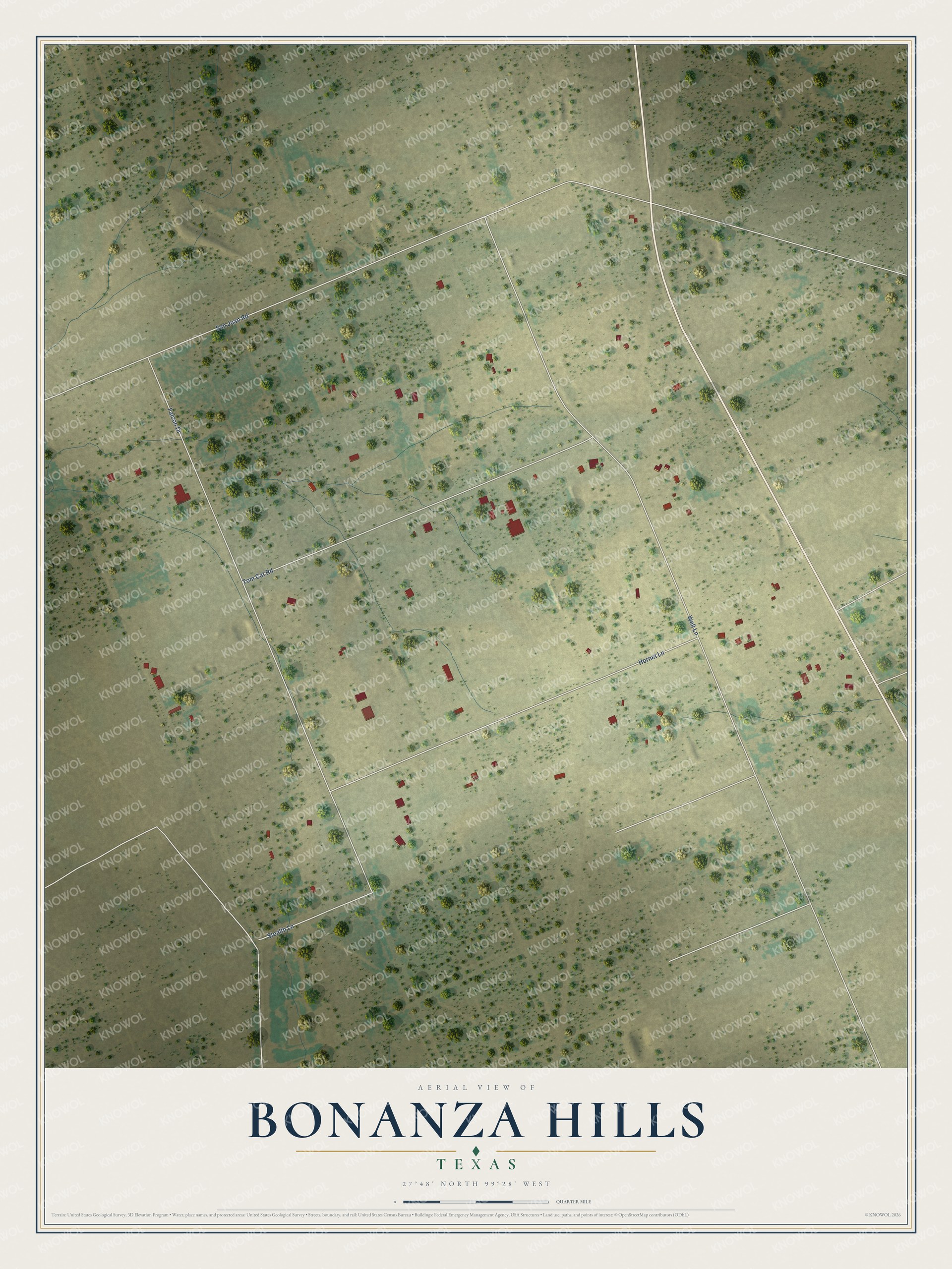 Full map of Bonanza Hills, Texas, with red buildings, printed street names and the land around them