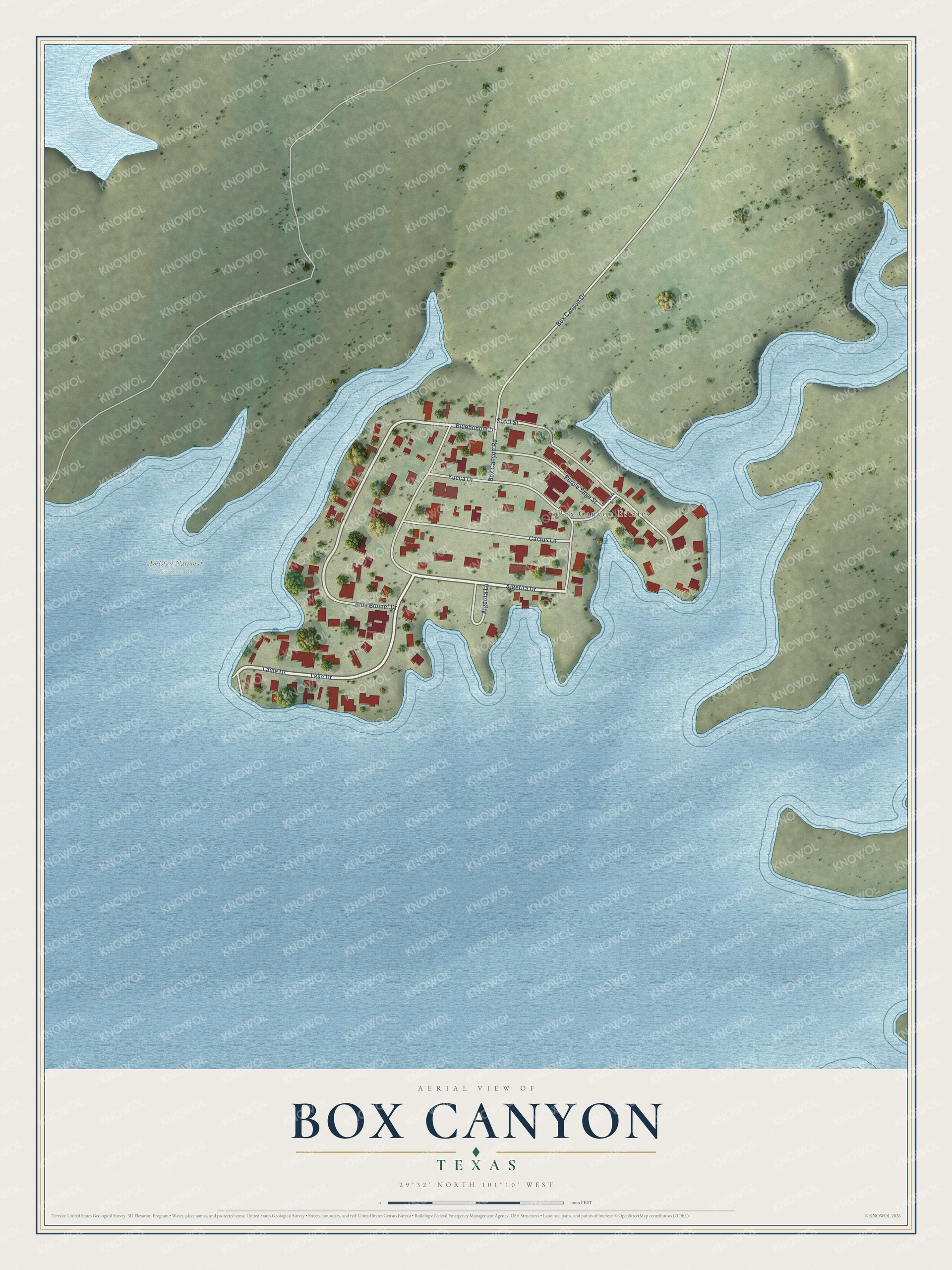 Full map of Box Canyon, Texas, with red buildings, printed street names and the land around them
