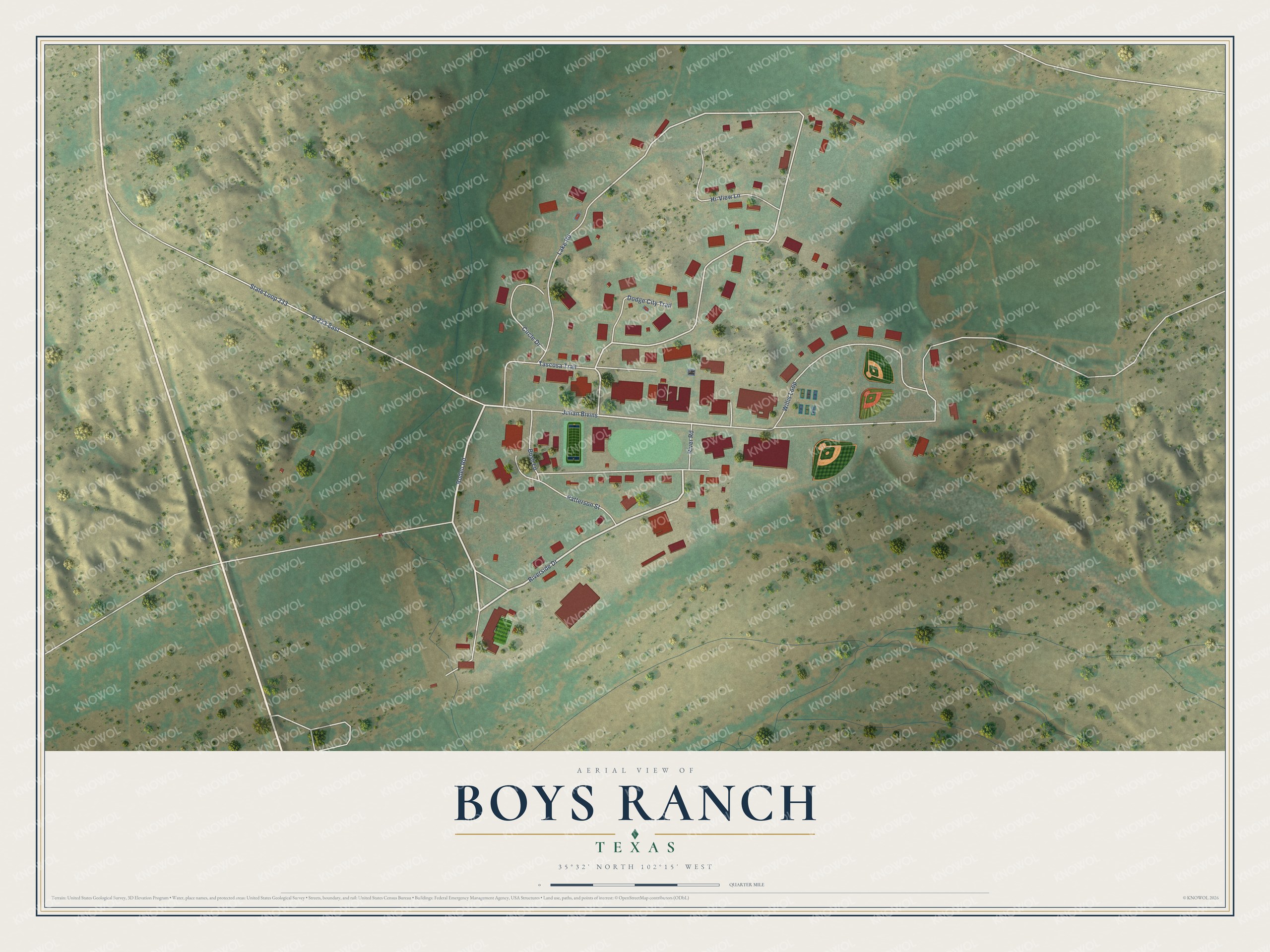 Full map of Boys Ranch, Texas, with red buildings, printed street names and the land around them