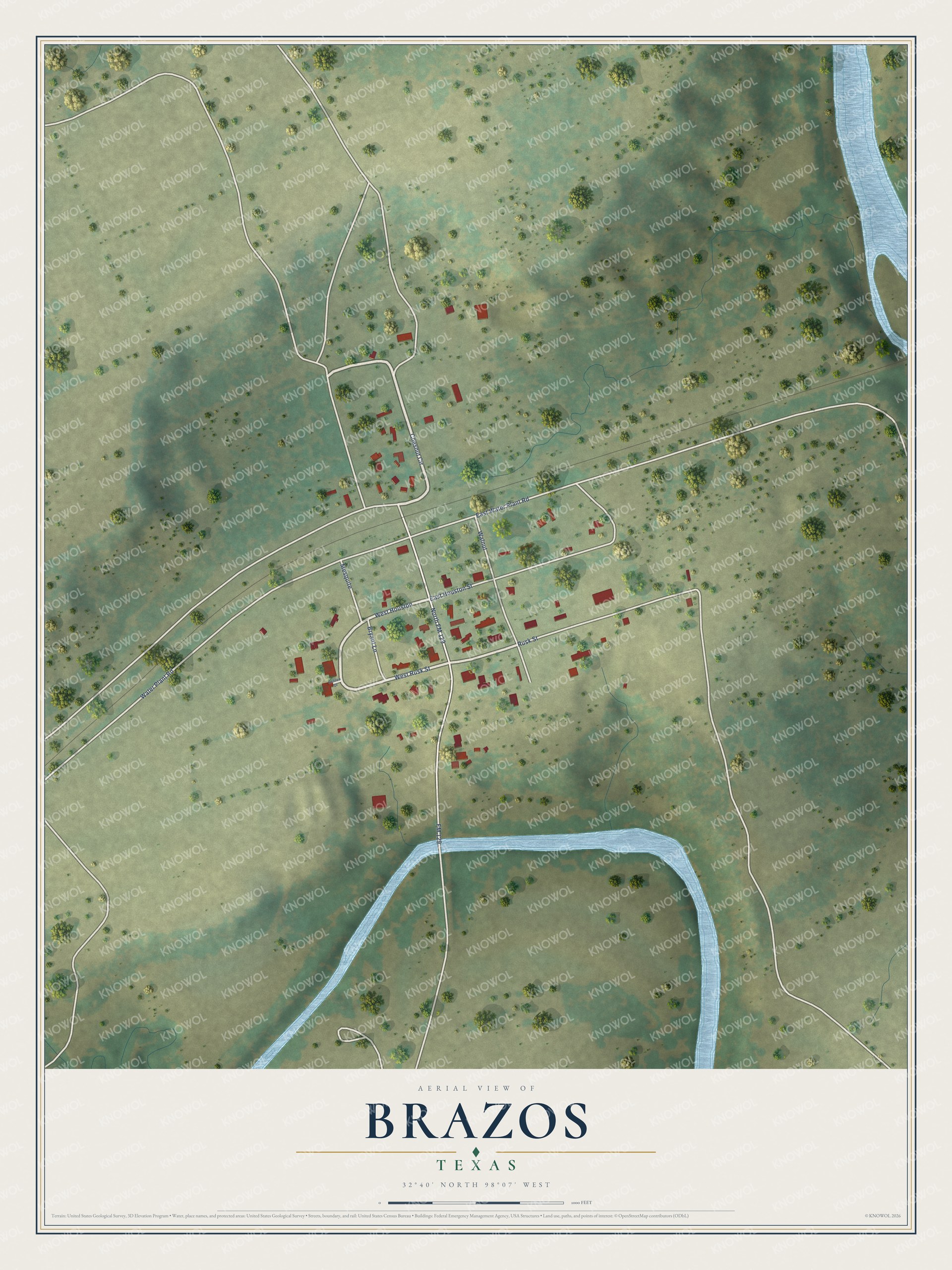 Full map of Brazos, Texas, with red buildings, printed street names and the land around them