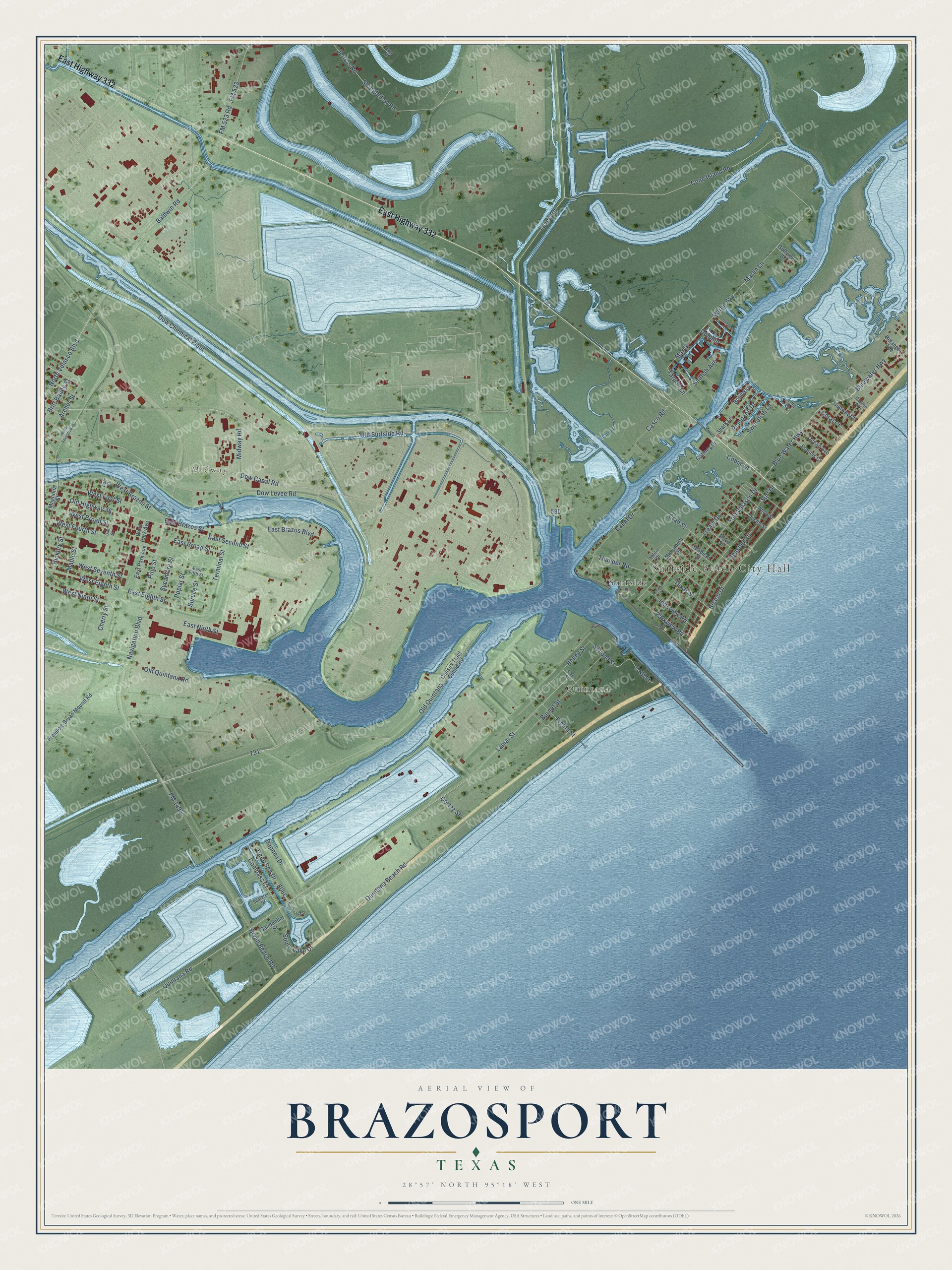 Full map of Brazosport, Texas, with red buildings, printed street names and the land around them