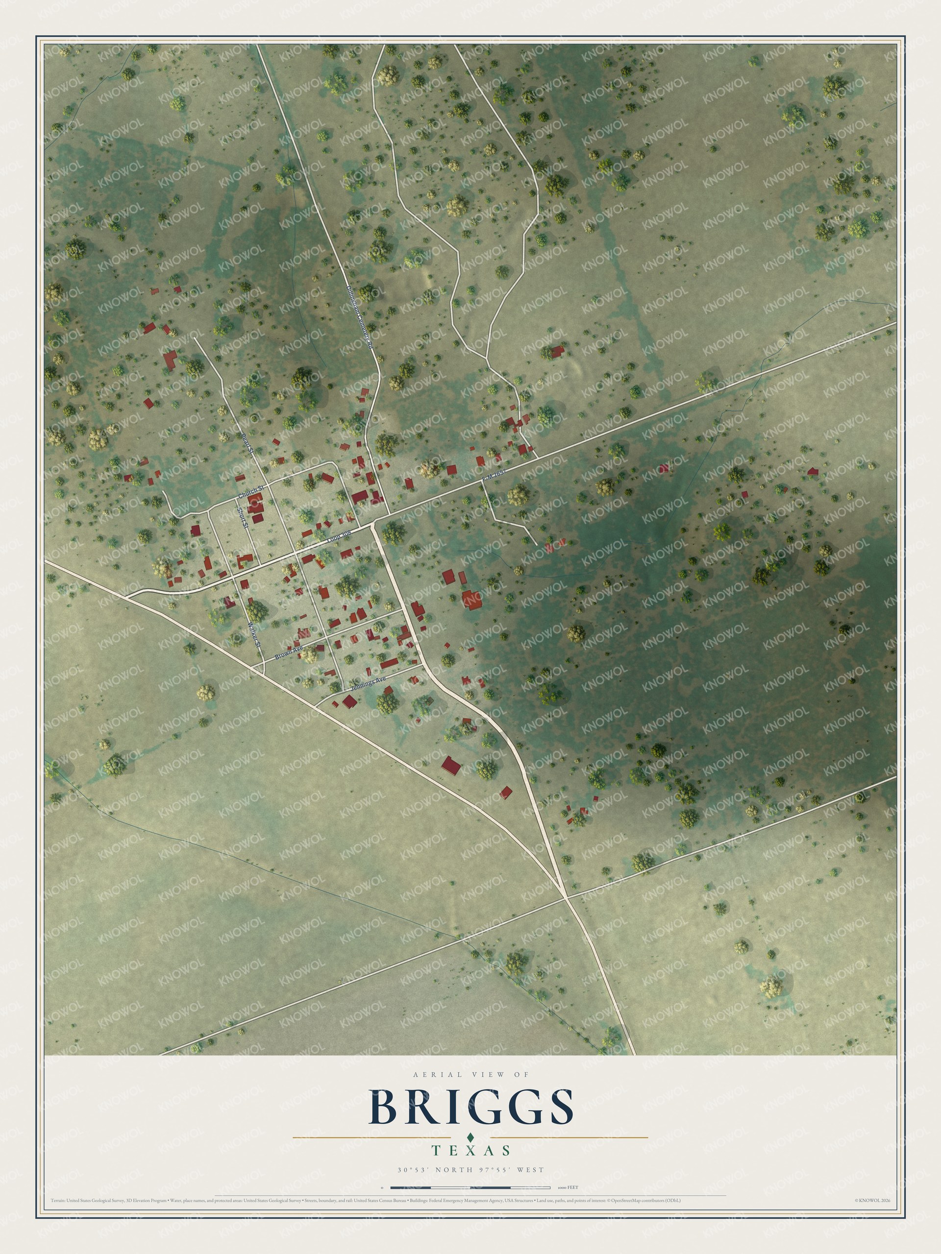 Full map of Briggs, Texas, with red buildings, printed street names and the land around them