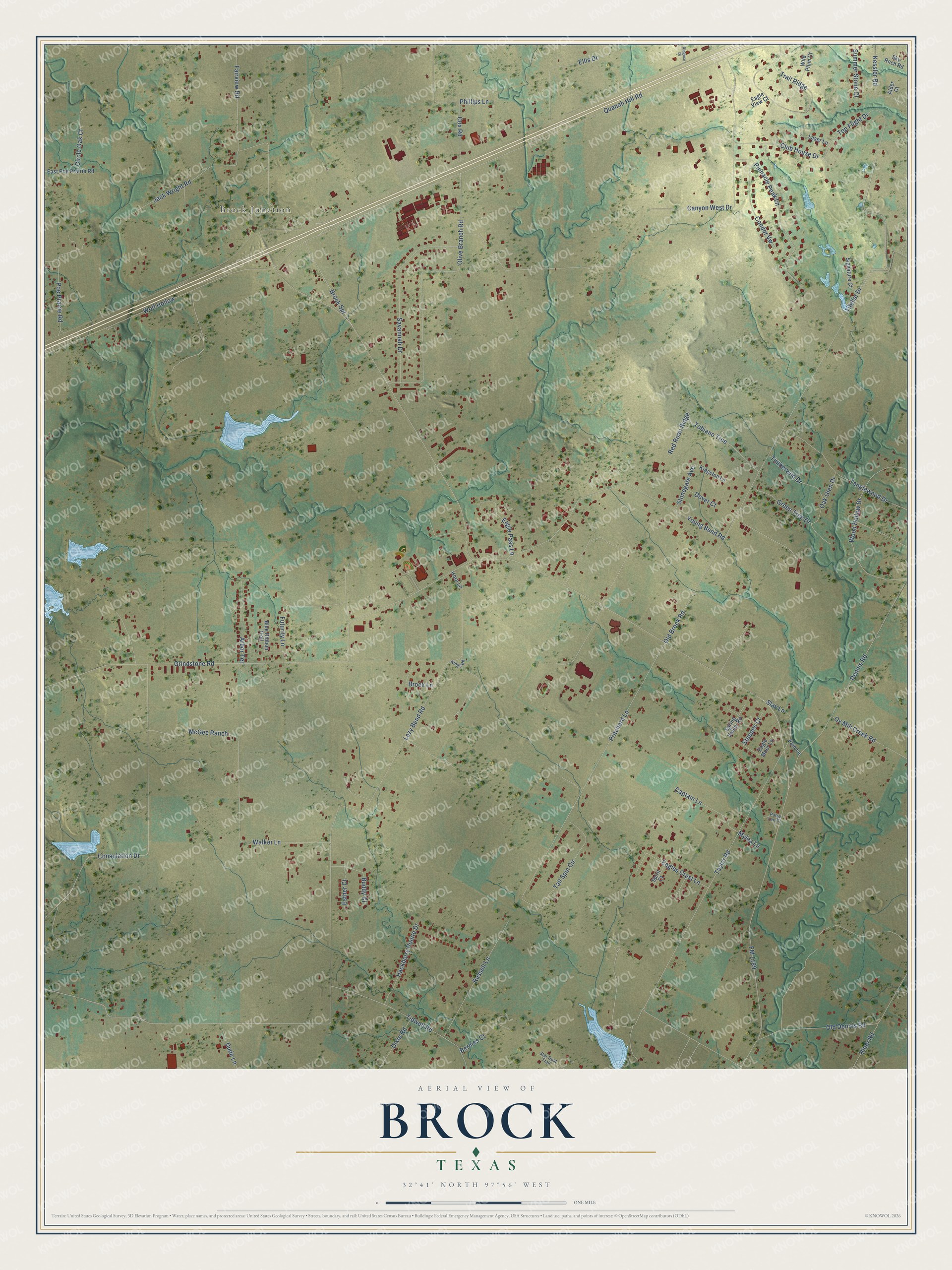Full map of Brock, Texas, with red buildings, printed street names and the land around them