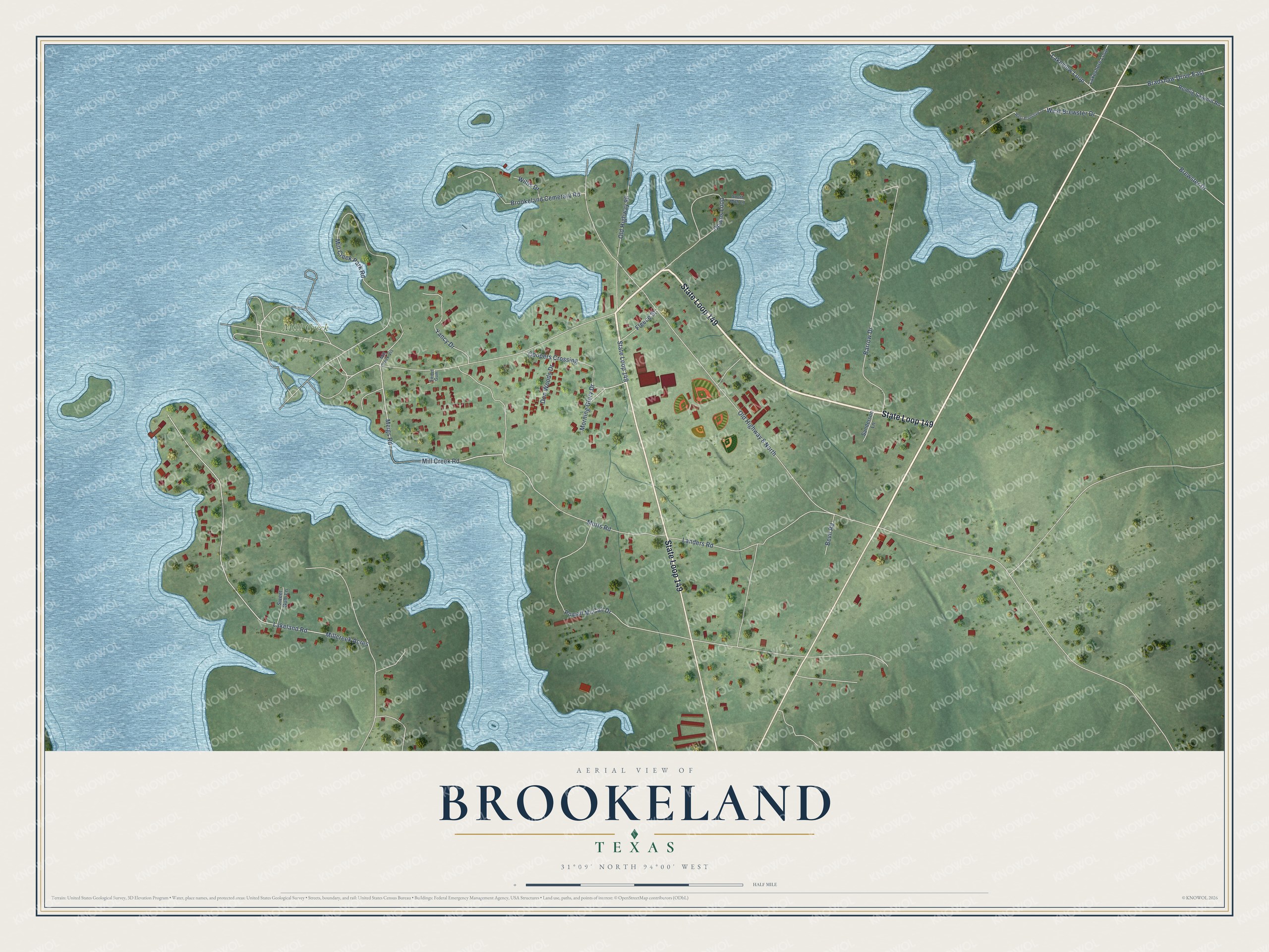 Full map of Brookeland, Texas, with red buildings, printed street names and the land around them