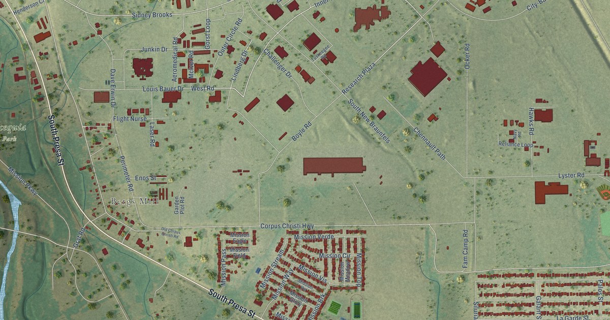 Close-up of streets and buildings in Brooks, Texas