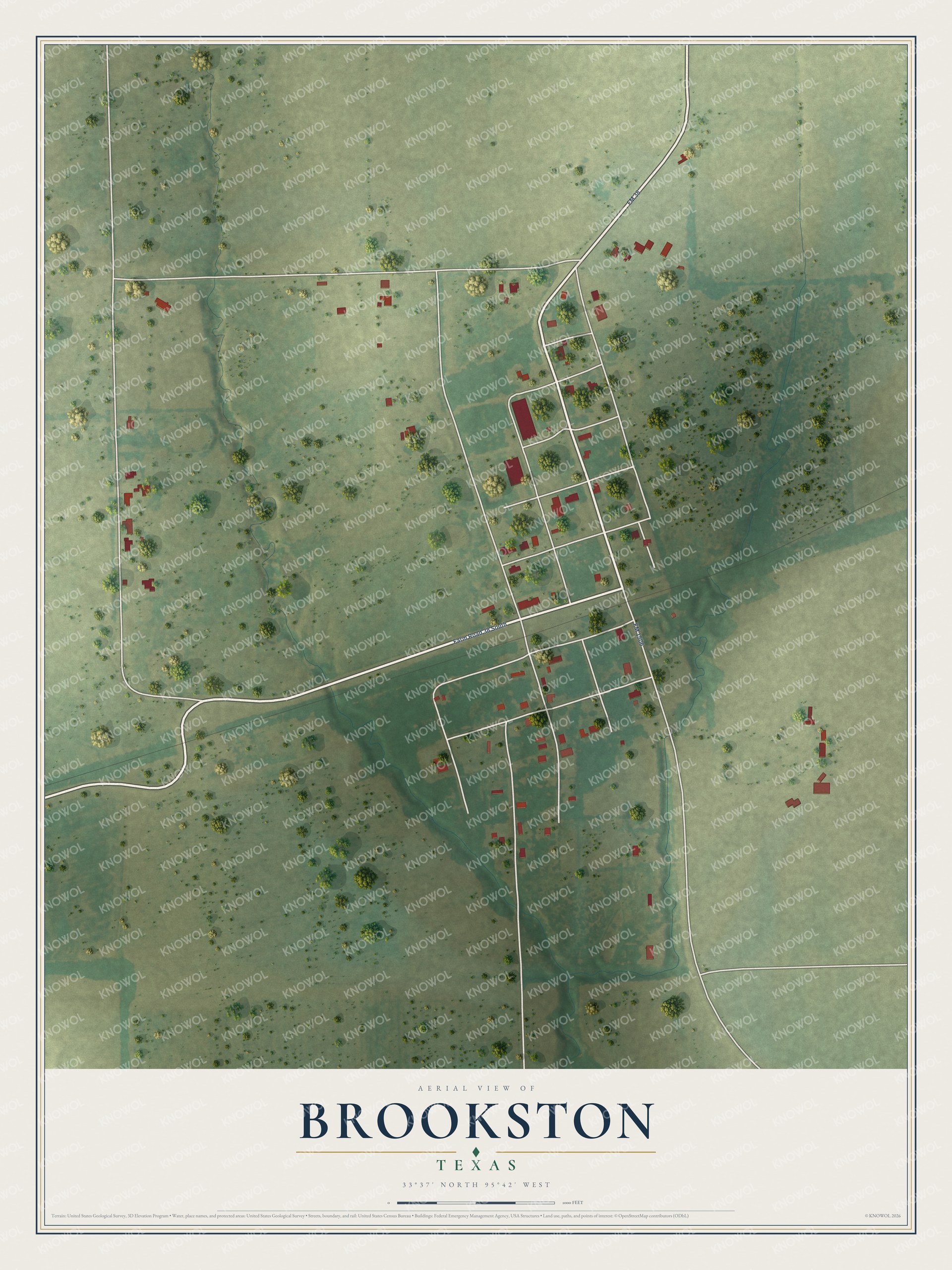 Full map of Brookston, Texas, with red buildings, printed street names and the land around them