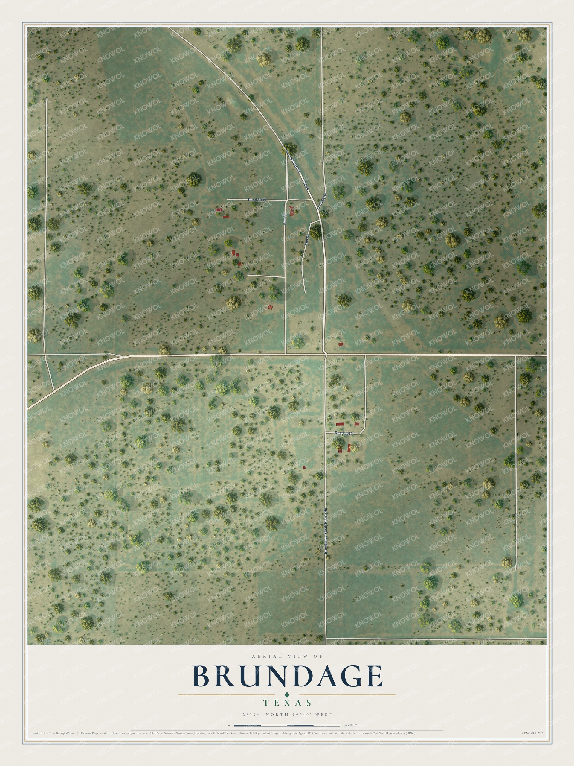 Full map of Brundage, Texas, with red buildings, printed street names and the land around them