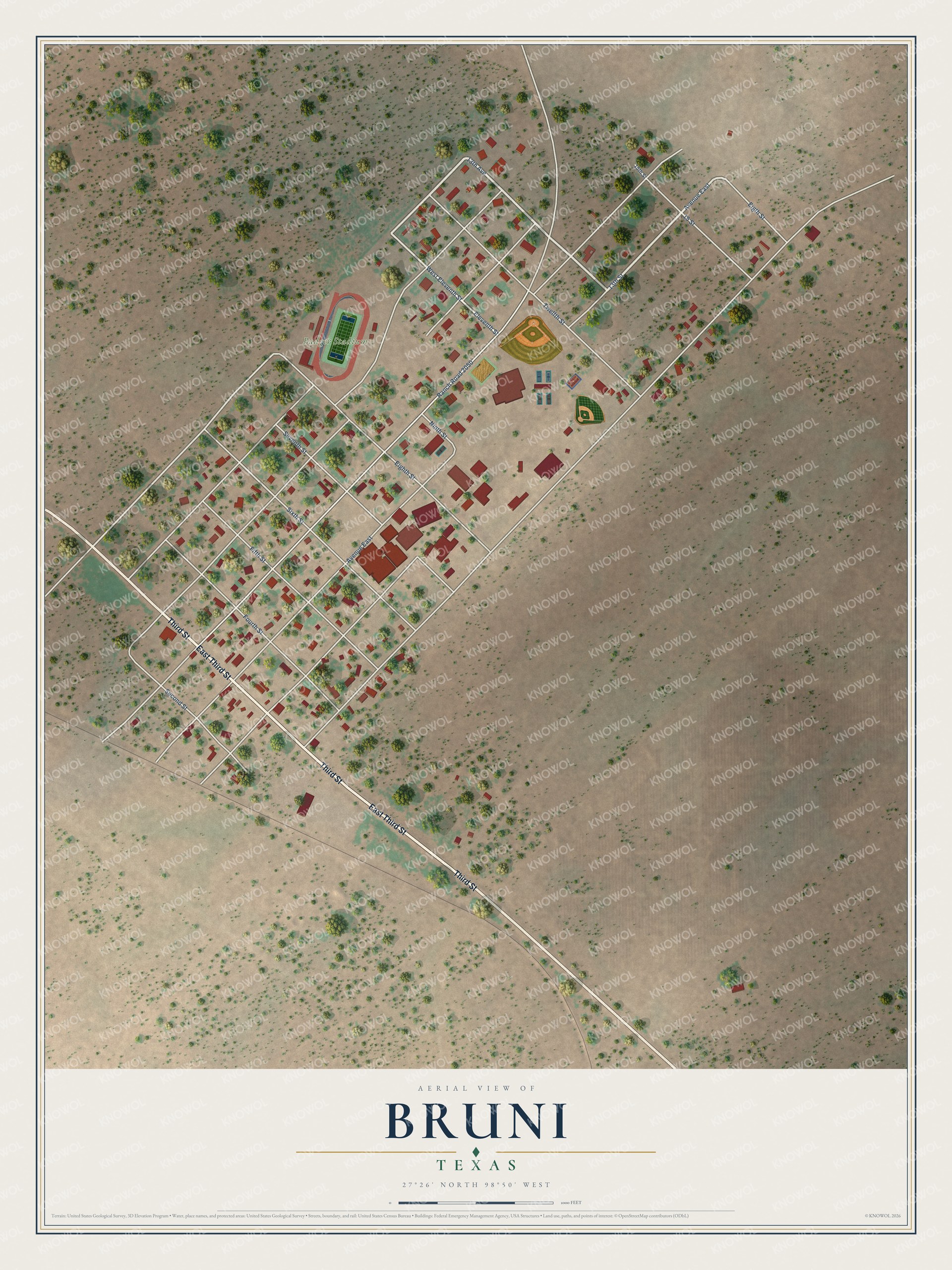 Full map of Bruni, Texas, with red buildings, printed street names and the land around them
