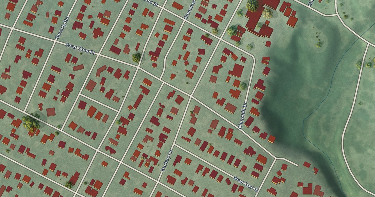 Close-up of streets and buildings in Bryker Woods, Texas