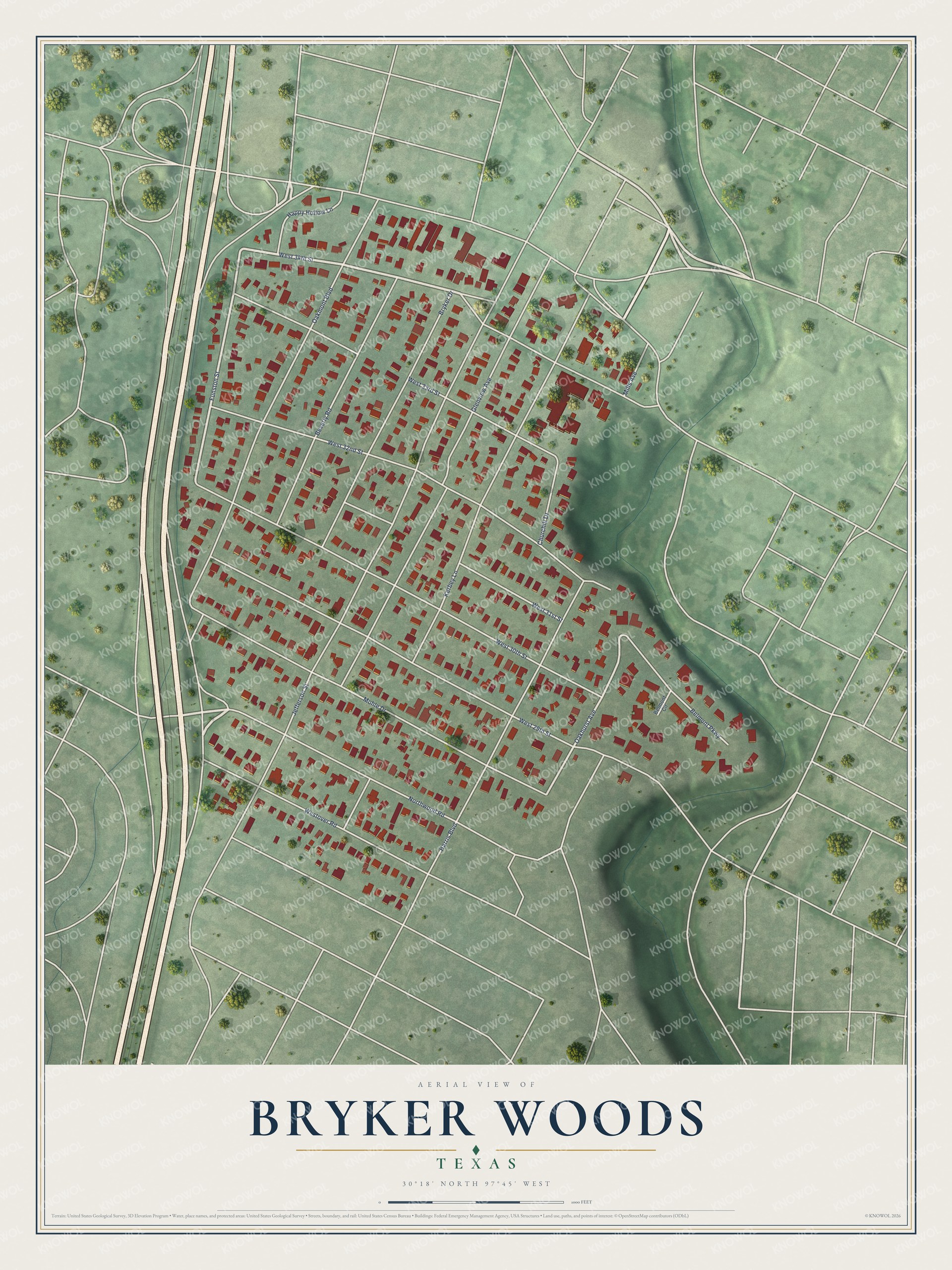 Watermarked full-map preview of Bryker Woods, Texas