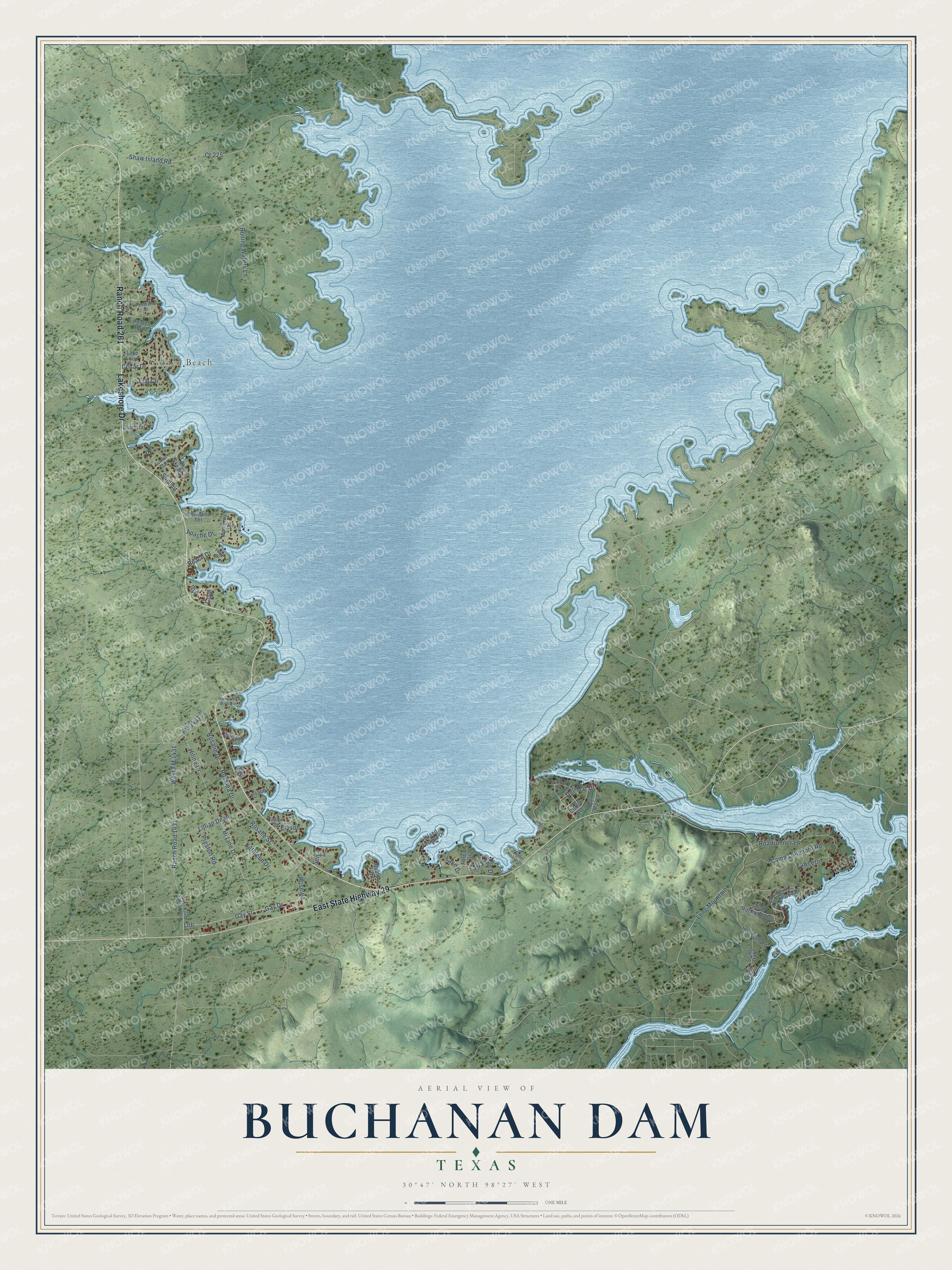 Full map of Buchanan Dam, Texas, with red buildings, printed street names and the land around them